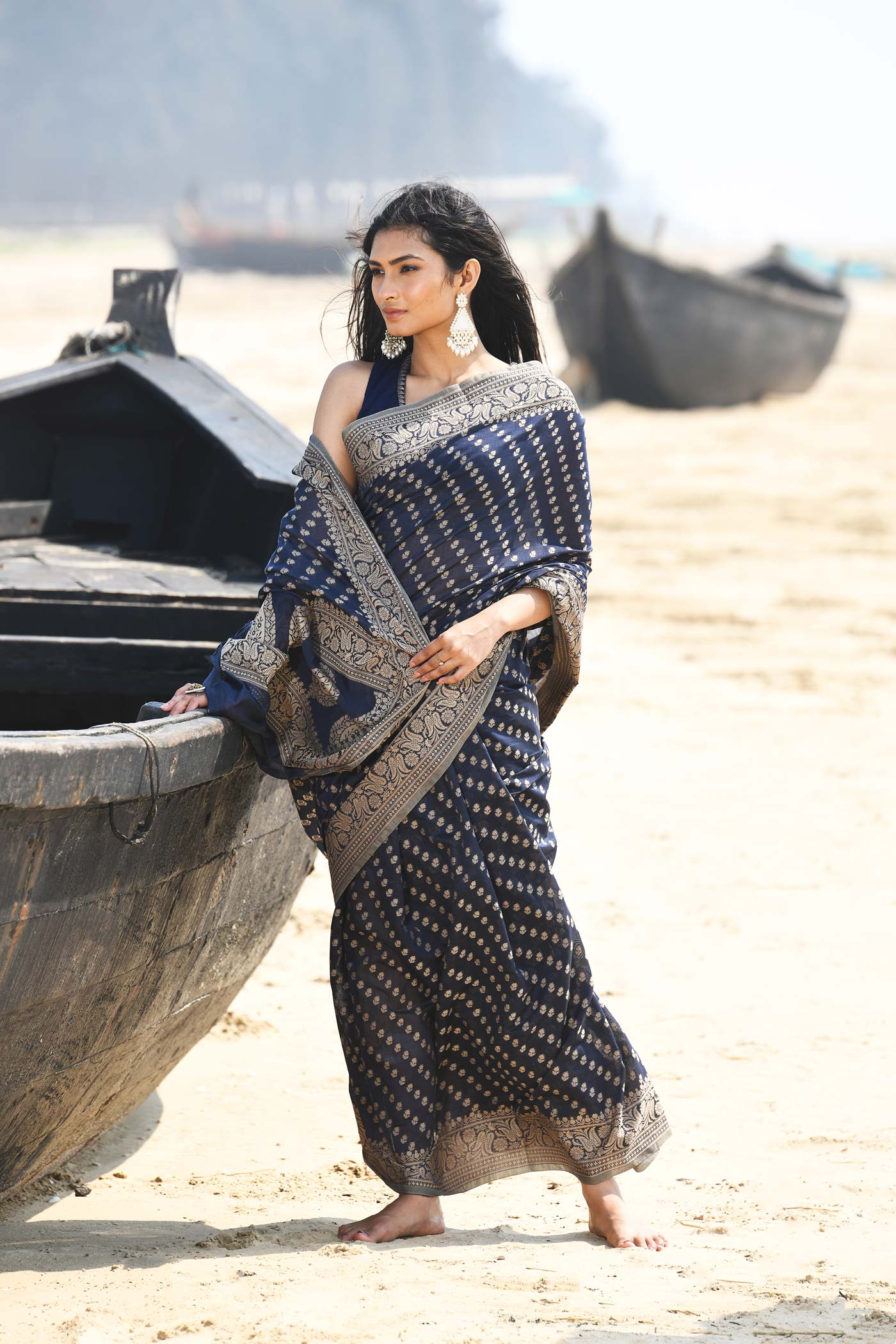 'Sitara' Navy Blue  Pure Resham Cotton Banarasi Handloom Saree 'Sitara' Navy Blue  Pure Resham Cotton Banarasi Handloom Saree