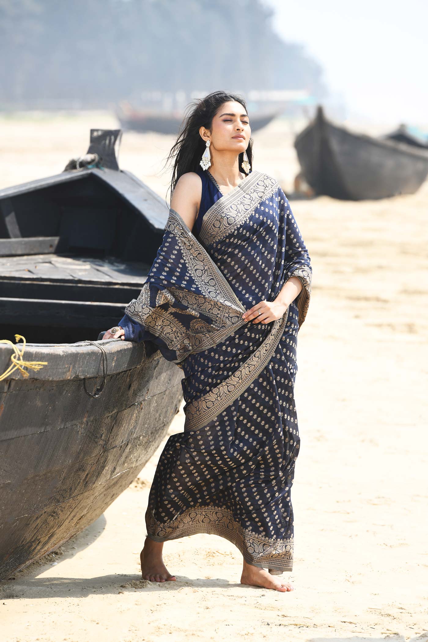 'Sitara' Navy Blue  Pure Resham Cotton Banarasi Handloom Saree 'Sitara' Navy Blue  Pure Resham Cotton Banarasi Handloom Saree