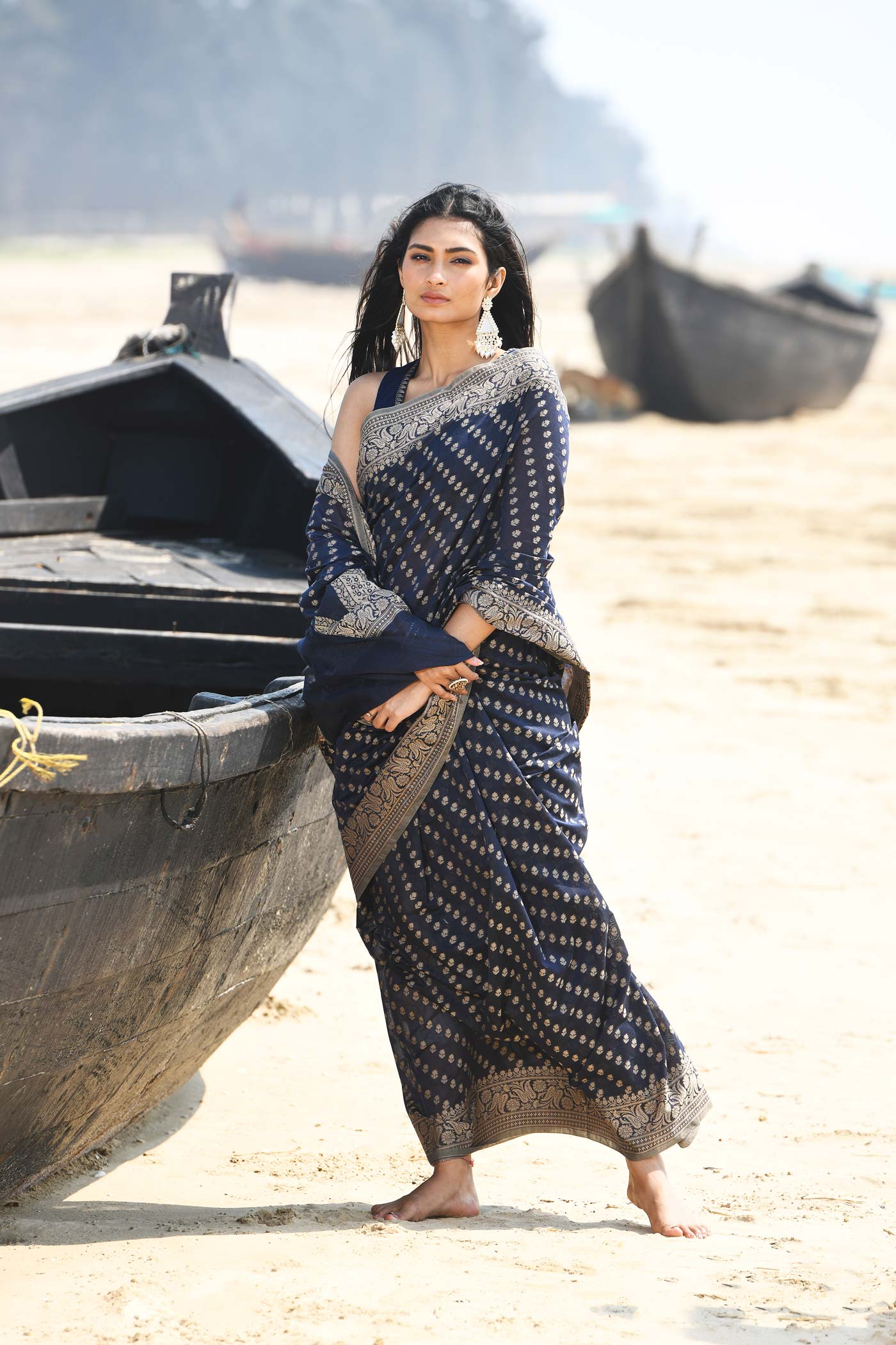 'Sitara' Navy Blue  Pure Resham Cotton Banarasi Handloom Saree 'Sitara' Navy Blue  Pure Resham Cotton Banarasi Handloom Saree