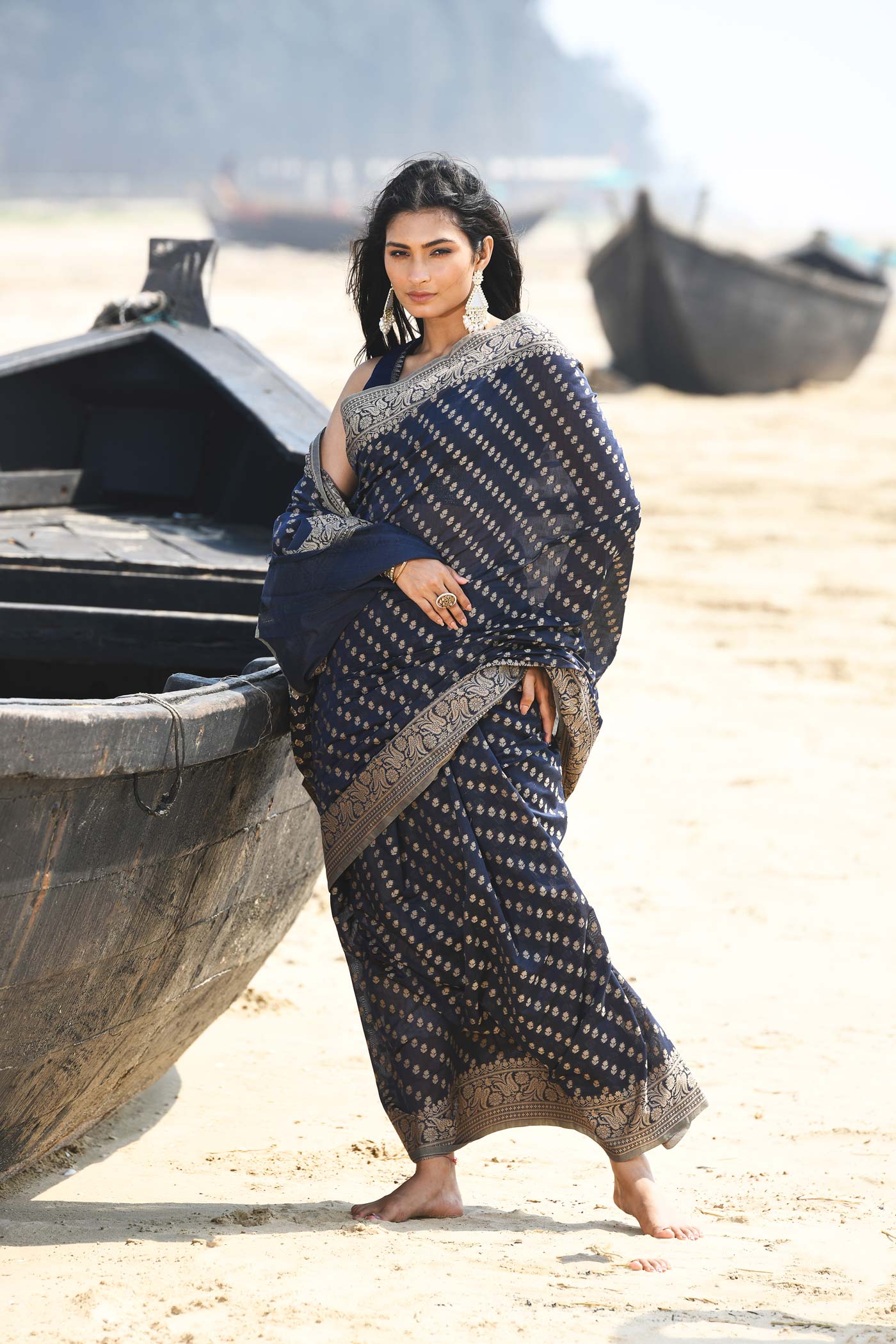 'Sitara' Navy Blue  Pure Resham Cotton Banarasi Handloom Saree 'Sitara' Navy Blue  Pure Resham Cotton Banarasi Handloom Saree