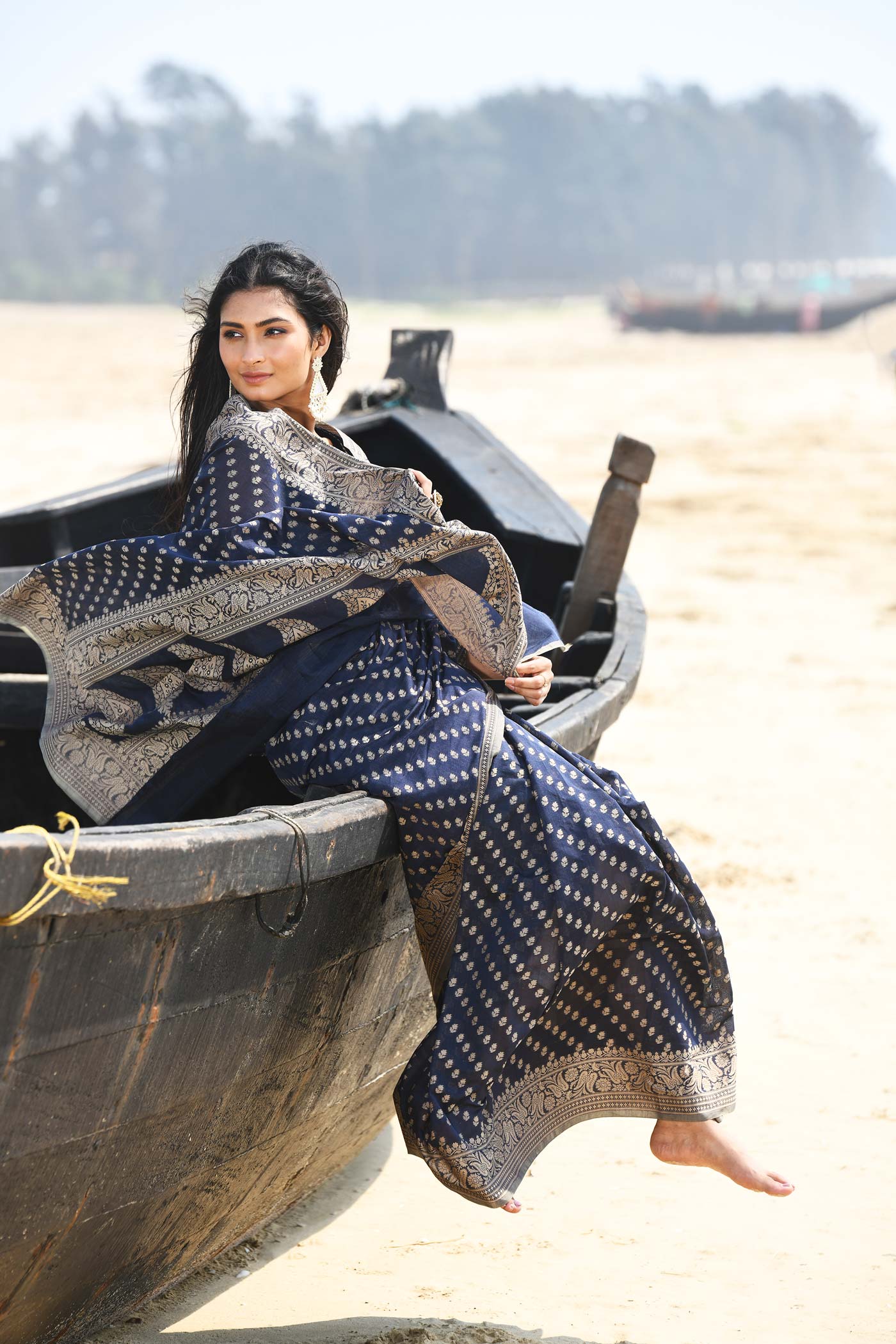 'Sitara' Navy Blue  Pure Resham Cotton Banarasi Handloom Saree 'Sitara' Navy Blue  Pure Resham Cotton Banarasi Handloom Saree