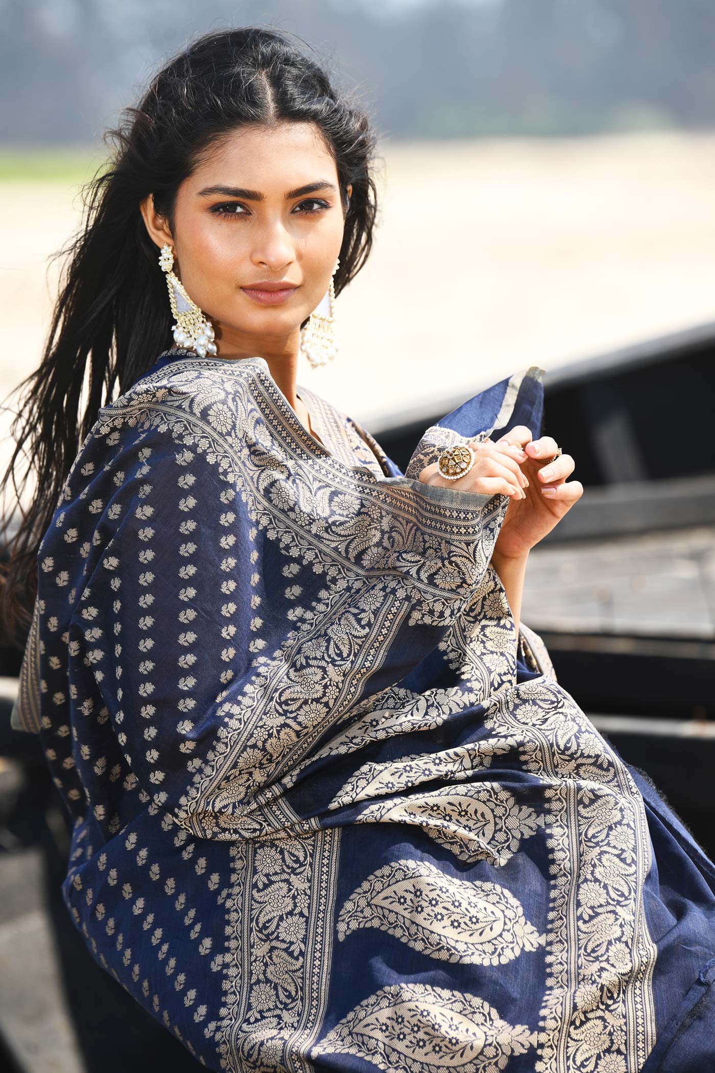 'Sitara' Navy Blue  Pure Resham Cotton Banarasi Handloom Saree 'Sitara' Navy Blue  Pure Resham Cotton Banarasi Handloom Saree