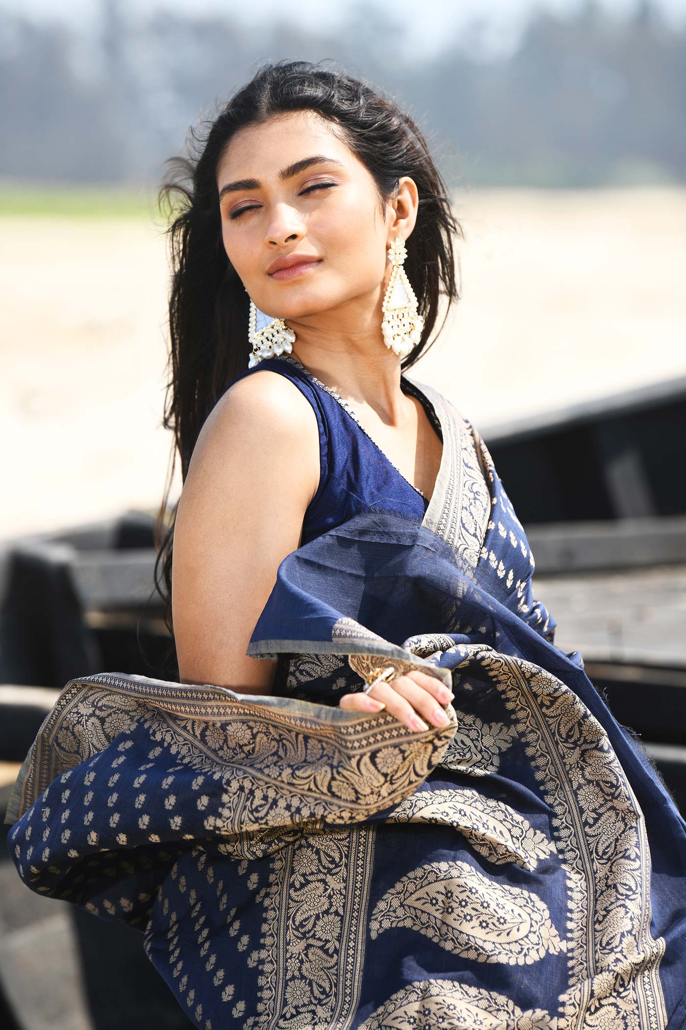 'Sitara' Navy Blue  Pure Resham Cotton Banarasi Handloom Saree 'Sitara' Navy Blue  Pure Resham Cotton Banarasi Handloom Saree