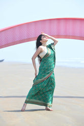 'Afreen' Green Pure Resham Cotton Alfi Booti Tilfi Border Banarasi Handloom Saree