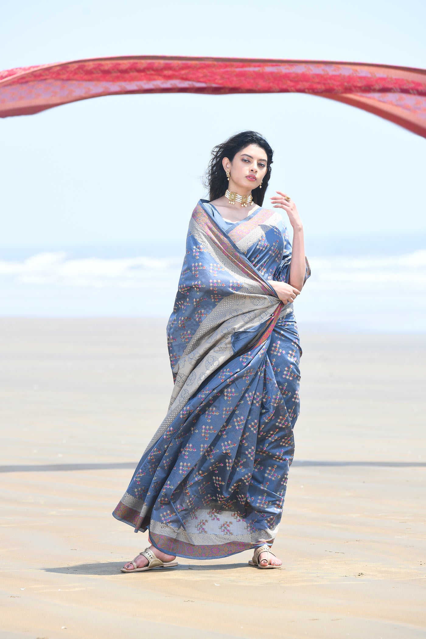 'Afreen' Grey Pure Resham Cotton Alfi Booti Tilfi Border Banarasi Handloom Saree 'Afreen' Grey Pure Resham Cotton Alfi Booti Tilfi Border Banarasi Handloom Saree