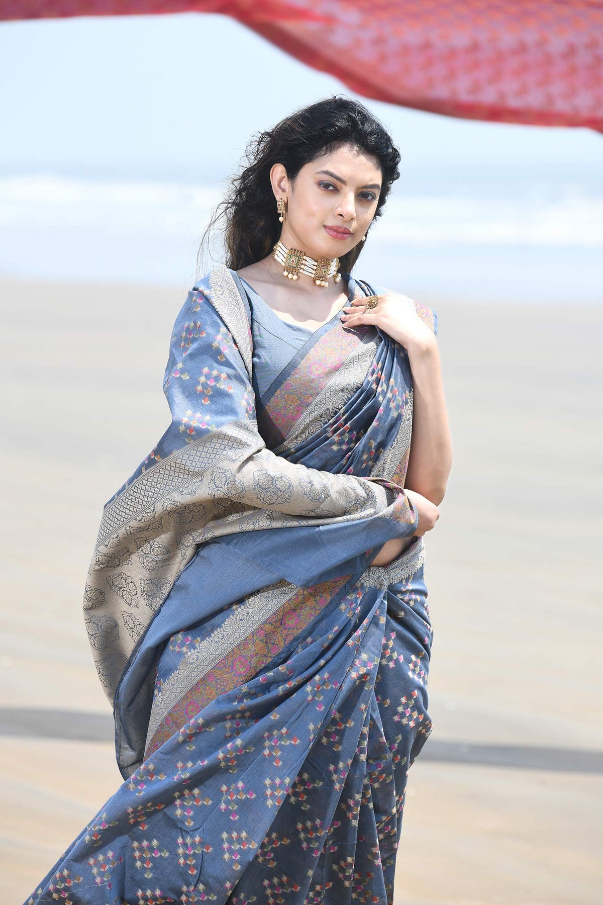 'Afreen' Grey Pure Resham Cotton Alfi Booti Tilfi Border Banarasi Handloom Saree