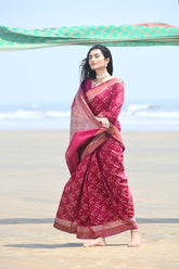 'Afreen' Raspberry Pink Pure Resham Cotton Alfi Booti Tilfi Border Banarasi Handloom Saree
