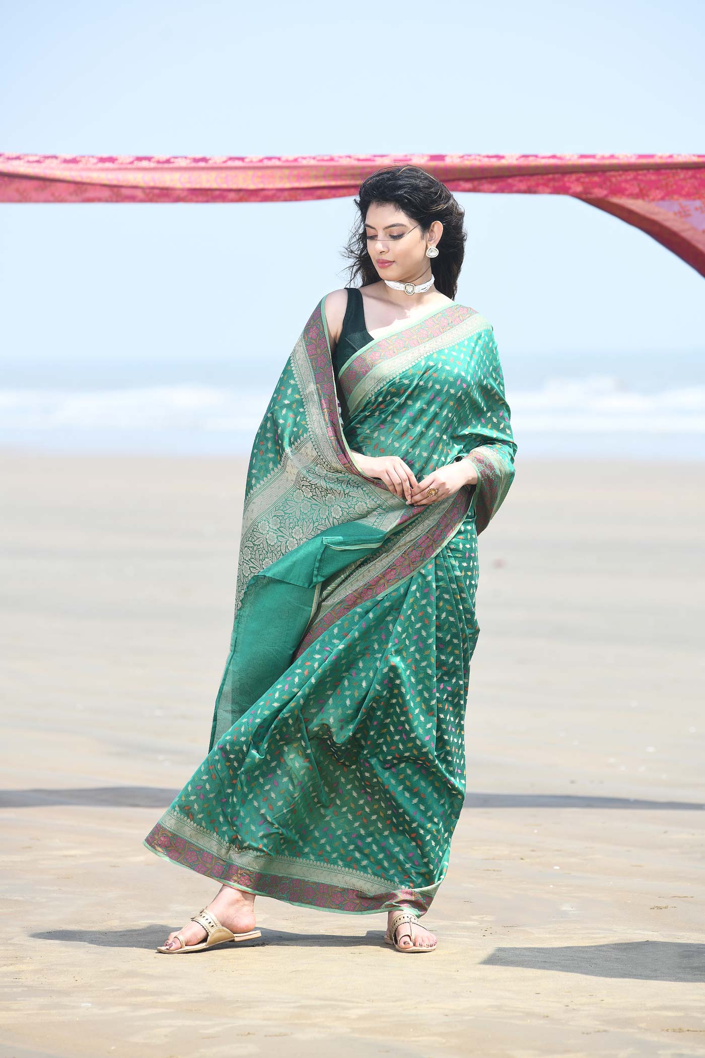 'Meher' Green Pure Resham Cotton Alfi Booti Tillfi Border Banarasi Handloom Saree 'Meher' Green Pure Resham Cotton Alfi Booti Tillfi Border Banarasi Handloom Saree
