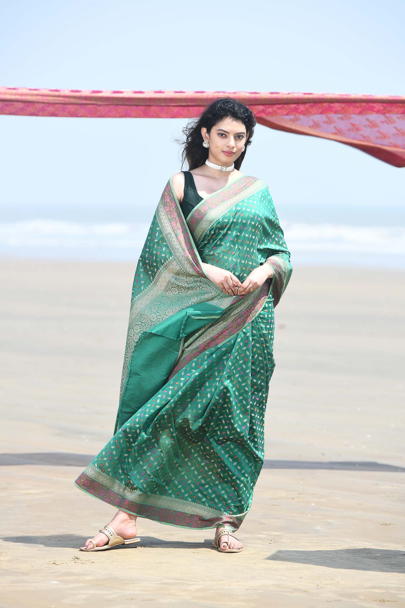 'Meher' Green Pure Resham Cotton Alfi Booti Tillfi Border Banarasi Handloom Saree 'Meher' Green Pure Resham Cotton Alfi Booti Tillfi Border Banarasi Handloom Saree