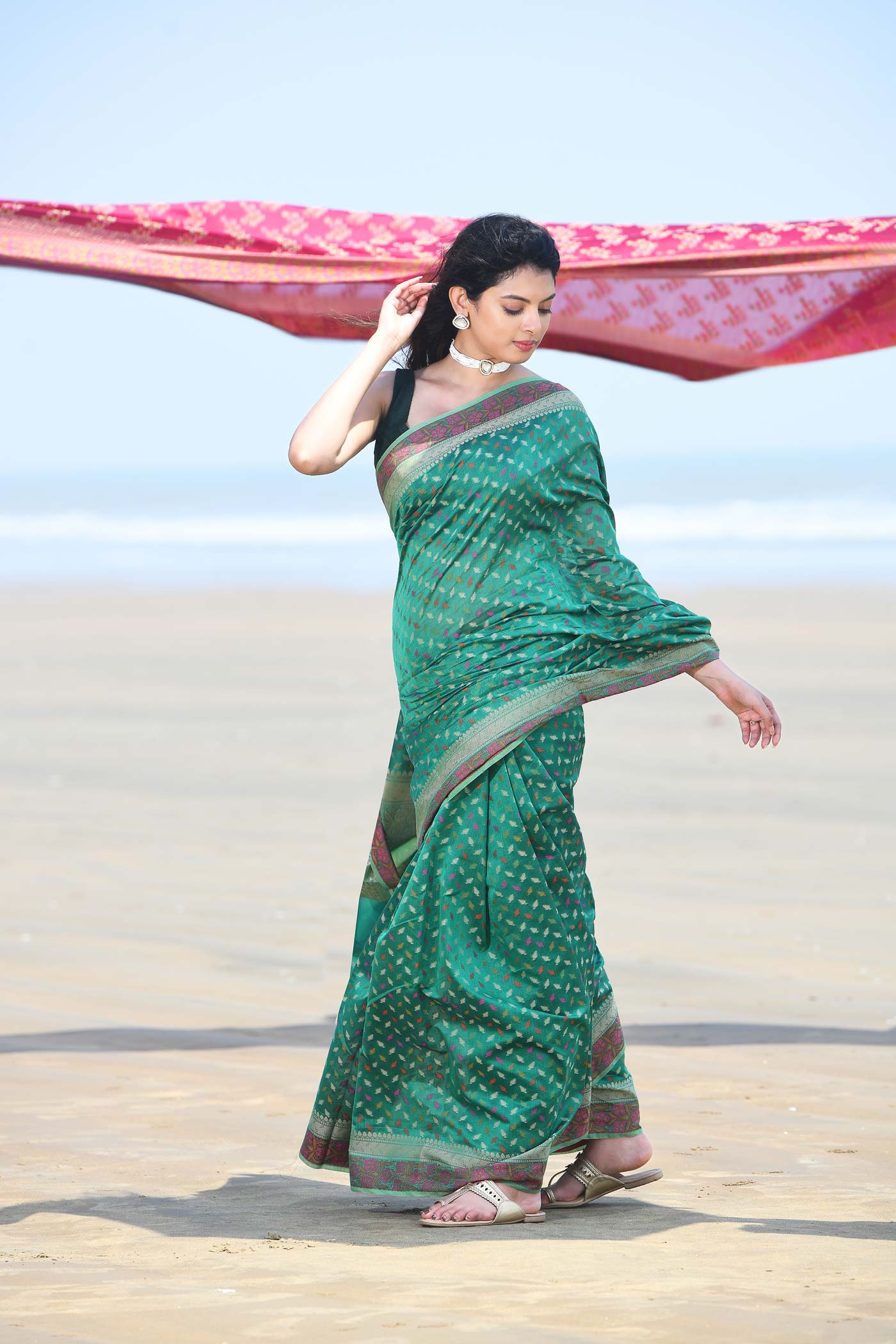 'Meher' Green Pure Resham Cotton Alfi Booti Tillfi Border Banarasi Handloom Saree 'Meher' Green Pure Resham Cotton Alfi Booti Tillfi Border Banarasi Handloom Saree