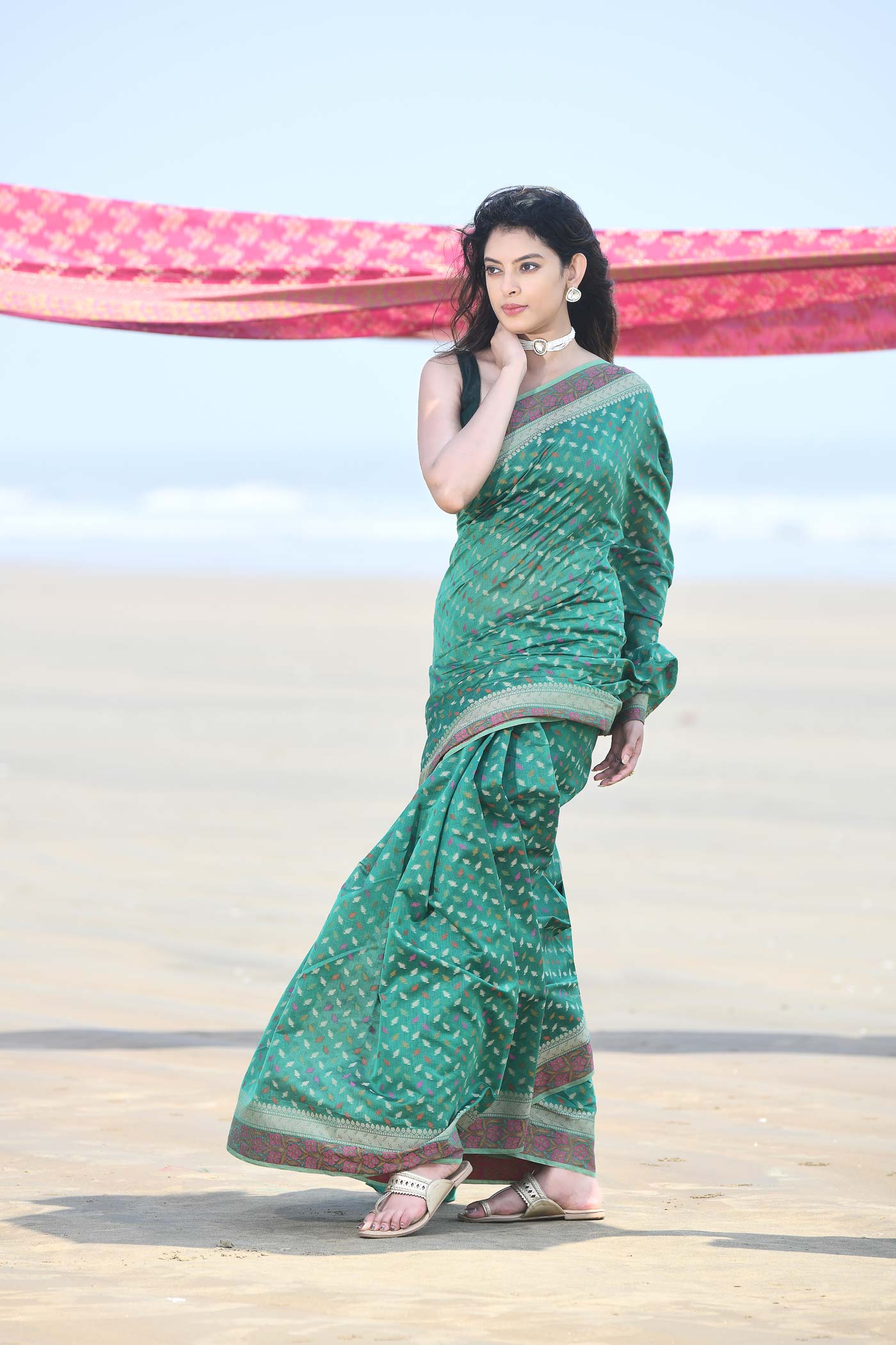 'Meher' Green Pure Resham Cotton Alfi Booti Tillfi Border Banarasi Handloom Saree 'Meher' Green Pure Resham Cotton Alfi Booti Tillfi Border Banarasi Handloom Saree