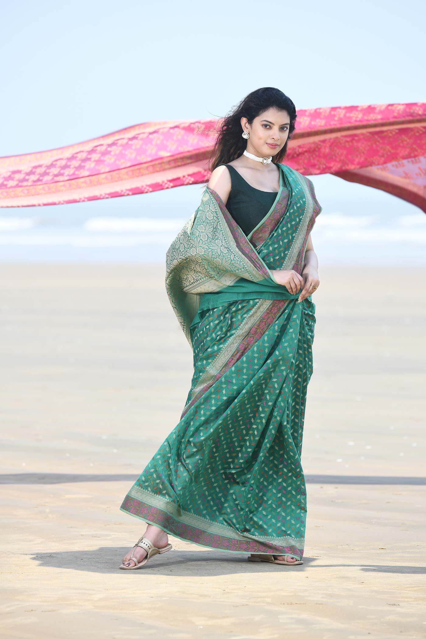 'Meher' Green Pure Resham Cotton Alfi Booti Tillfi Border Banarasi Handloom Saree 'Meher' Green Pure Resham Cotton Alfi Booti Tillfi Border Banarasi Handloom Saree