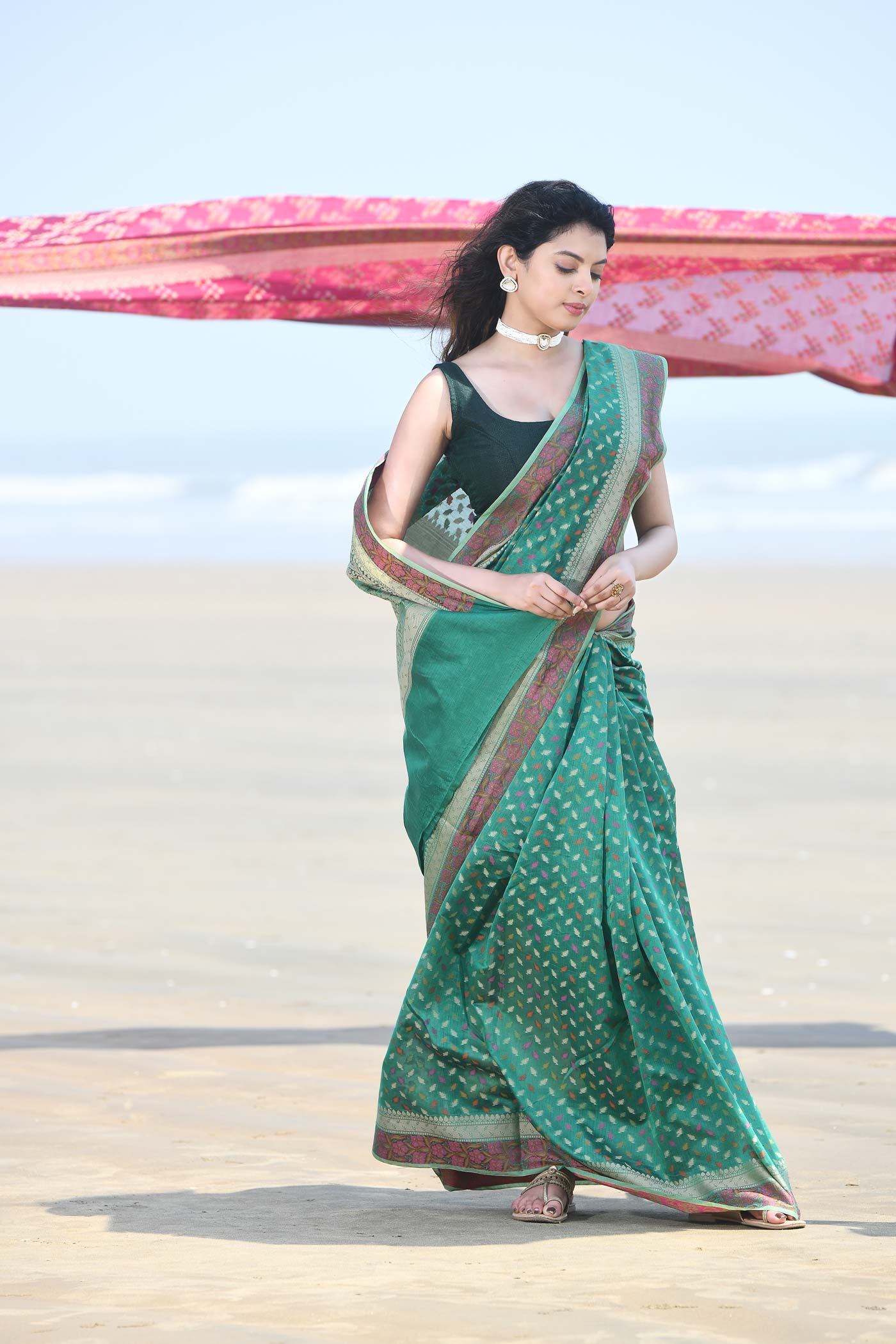 'Meher' Green Pure Resham Cotton Alfi Booti Tillfi Border Banarasi Handloom Saree 'Meher' Green Pure Resham Cotton Alfi Booti Tillfi Border Banarasi Handloom Saree