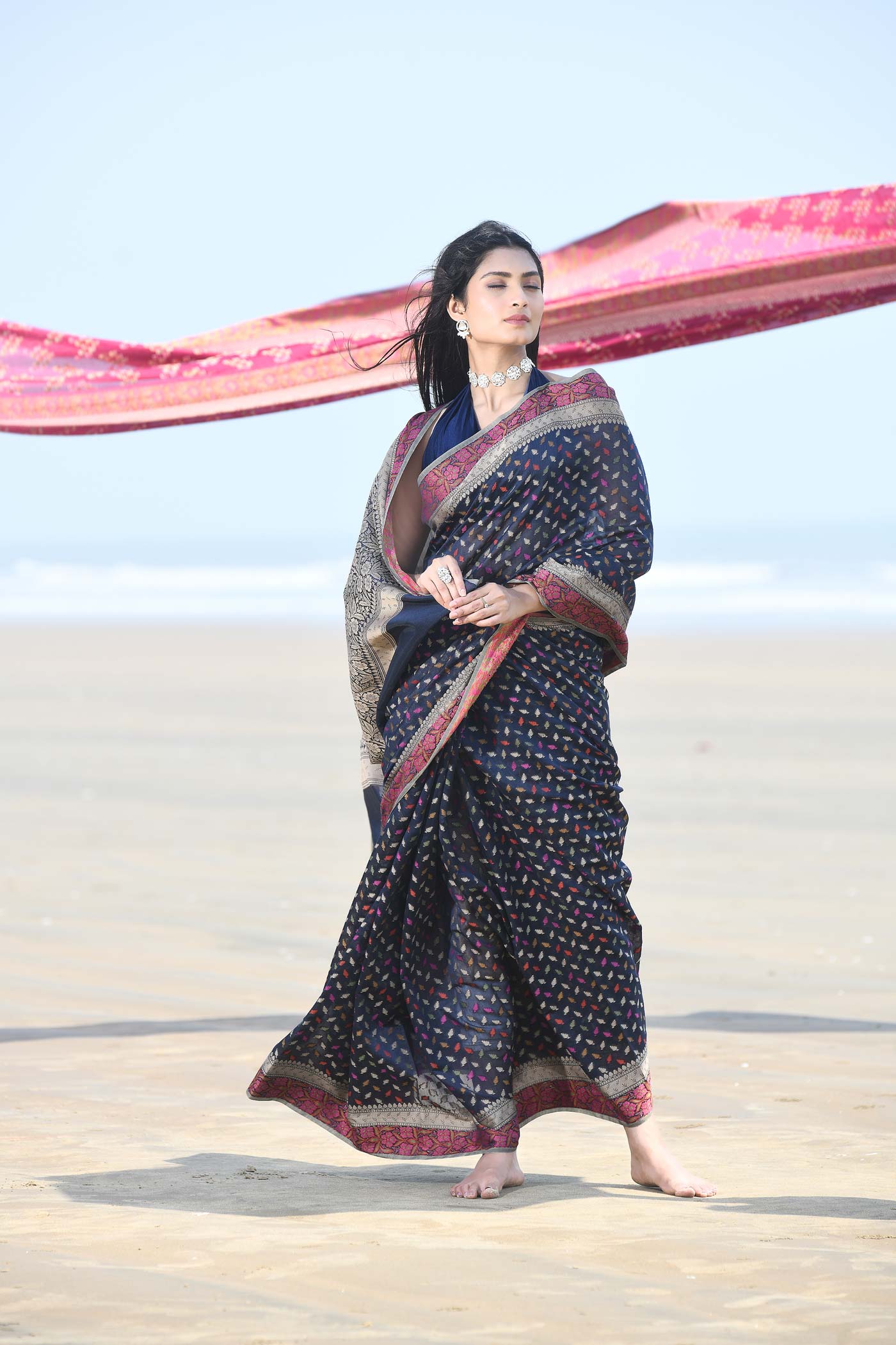 'Meher' Blue Pure Resham Cotton Alfi Booti Tillfi Border Banarasi Handloom Saree 'Meher' Blue Pure Resham Cotton Alfi Booti Tillfi Border Banarasi Handloom Saree