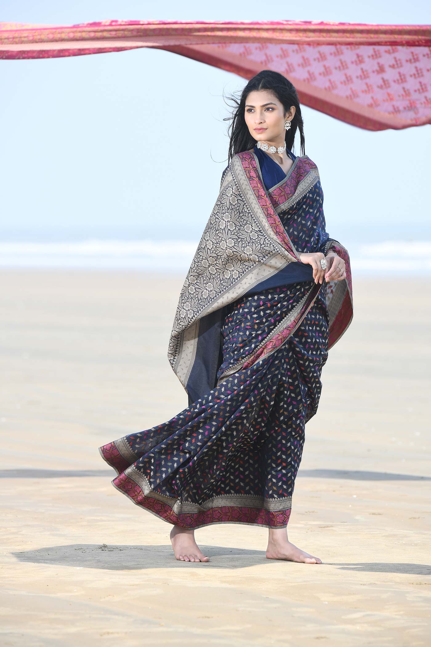 'Meher' Blue Pure Resham Cotton Alfi Booti Tillfi Border Banarasi Handloom Saree 'Meher' Blue Pure Resham Cotton Alfi Booti Tillfi Border Banarasi Handloom Saree