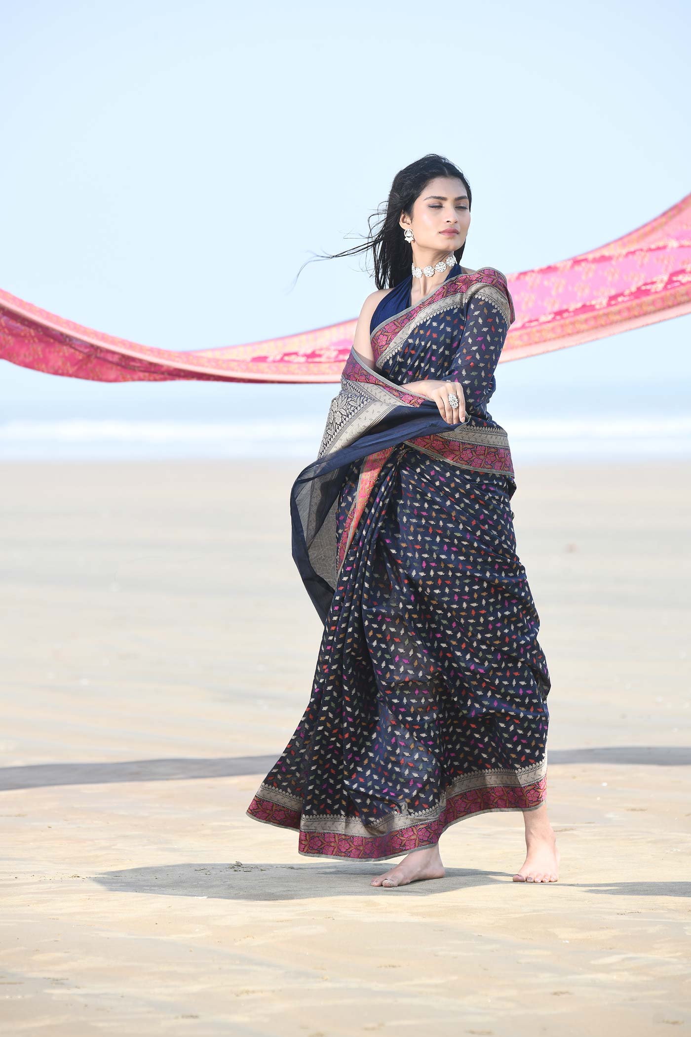 'Meher' Blue Pure Resham Cotton Alfi Booti Tillfi Border Banarasi Handloom Saree 'Meher' Blue Pure Resham Cotton Alfi Booti Tillfi Border Banarasi Handloom Saree