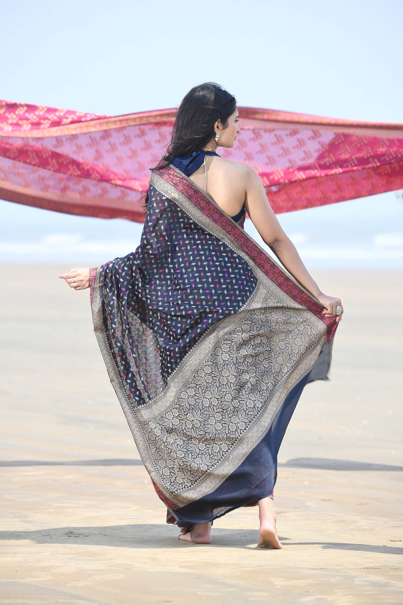 'Meher' Blue Pure Resham Cotton Alfi Booti Tillfi Border Banarasi Handloom Saree 'Meher' Blue Pure Resham Cotton Alfi Booti Tillfi Border Banarasi Handloom Saree