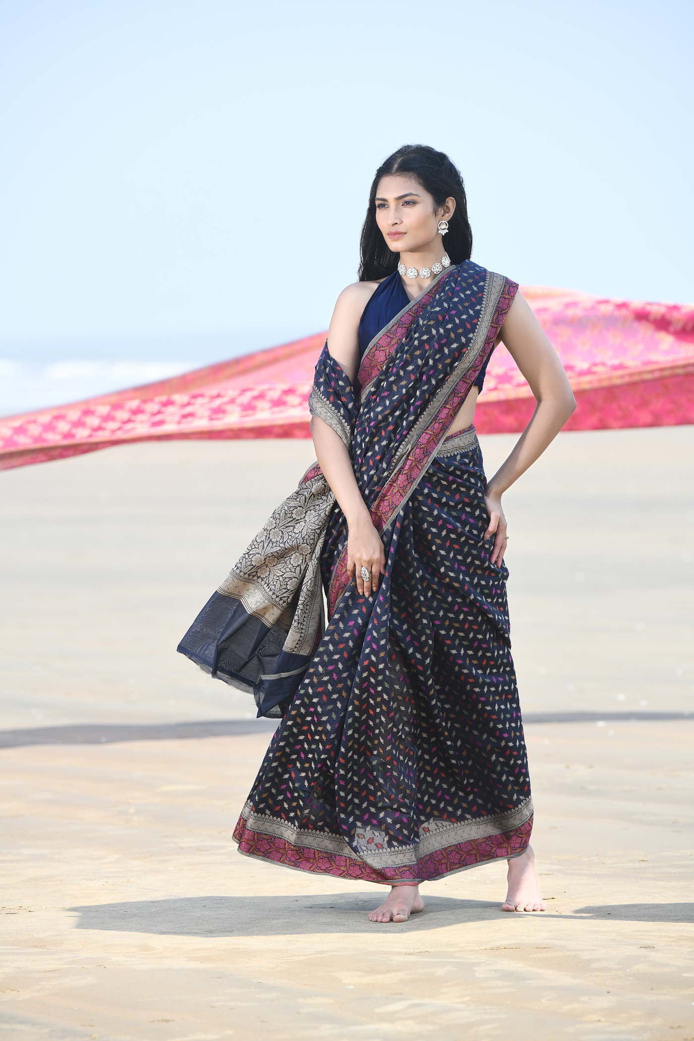 'Meher' Blue Pure Resham Cotton Alfi Booti Tillfi Border Banarasi Handloom Saree 'Meher' Blue Pure Resham Cotton Alfi Booti Tillfi Border Banarasi Handloom Saree
