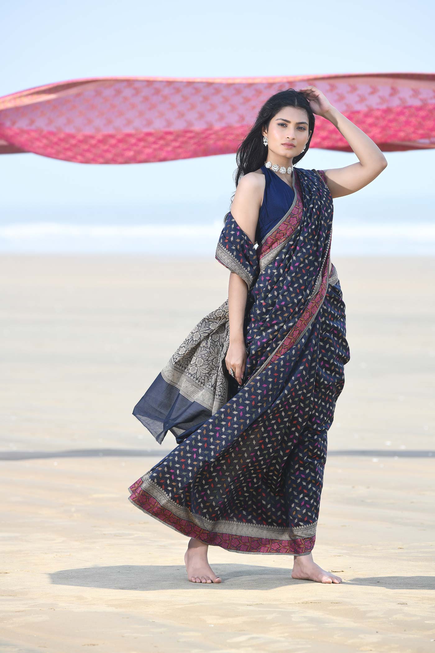 'Meher' Blue Pure Resham Cotton Alfi Booti Tillfi Border Banarasi Handloom Saree 'Meher' Blue Pure Resham Cotton Alfi Booti Tillfi Border Banarasi Handloom Saree