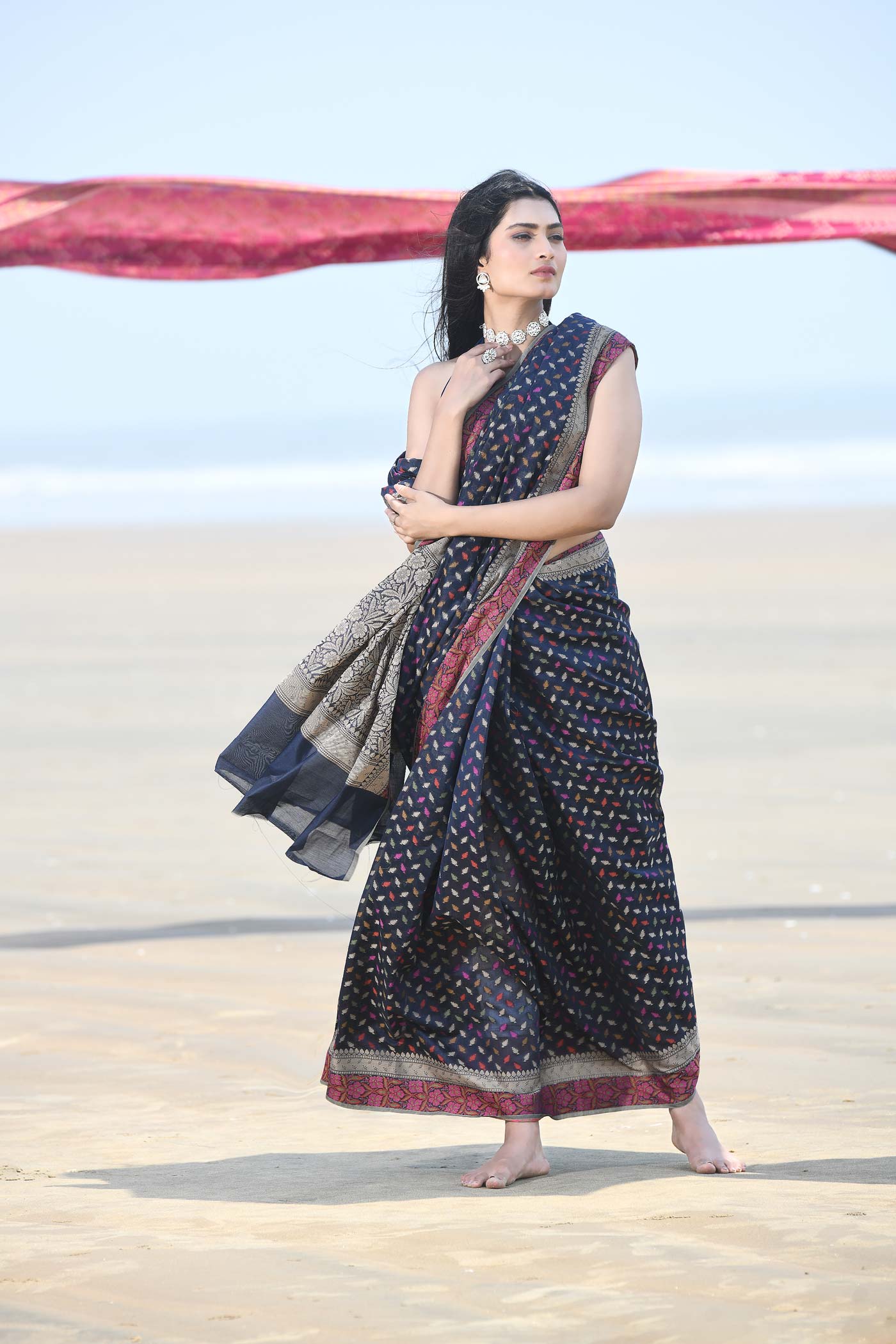 'Meher' Blue Pure Resham Cotton Alfi Booti Tillfi Border Banarasi Handloom Saree 'Meher' Blue Pure Resham Cotton Alfi Booti Tillfi Border Banarasi Handloom Saree