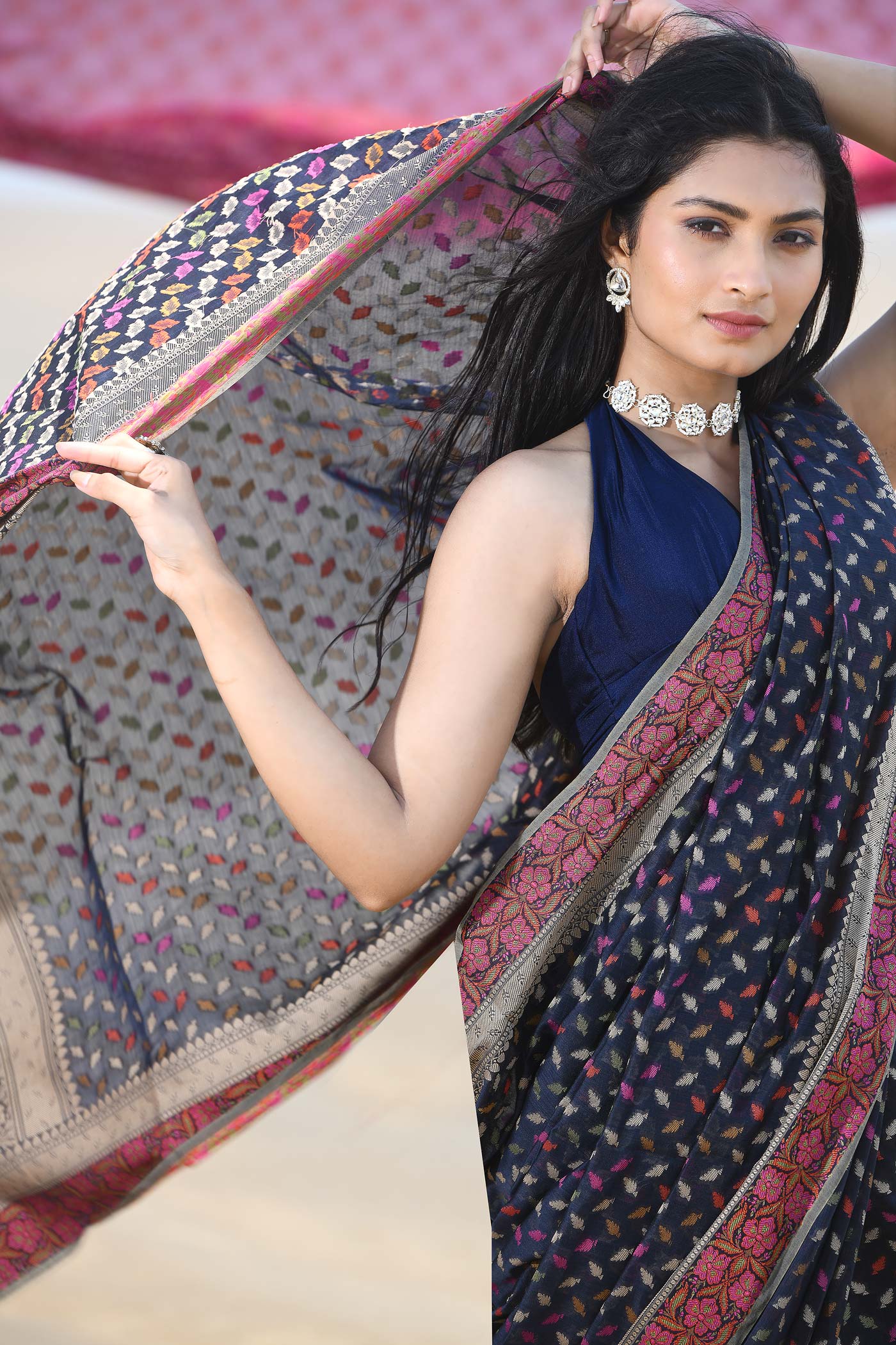 'Meher' Blue Pure Resham Cotton Alfi Booti Tillfi Border Banarasi Handloom Saree 'Meher' Blue Pure Resham Cotton Alfi Booti Tillfi Border Banarasi Handloom Saree