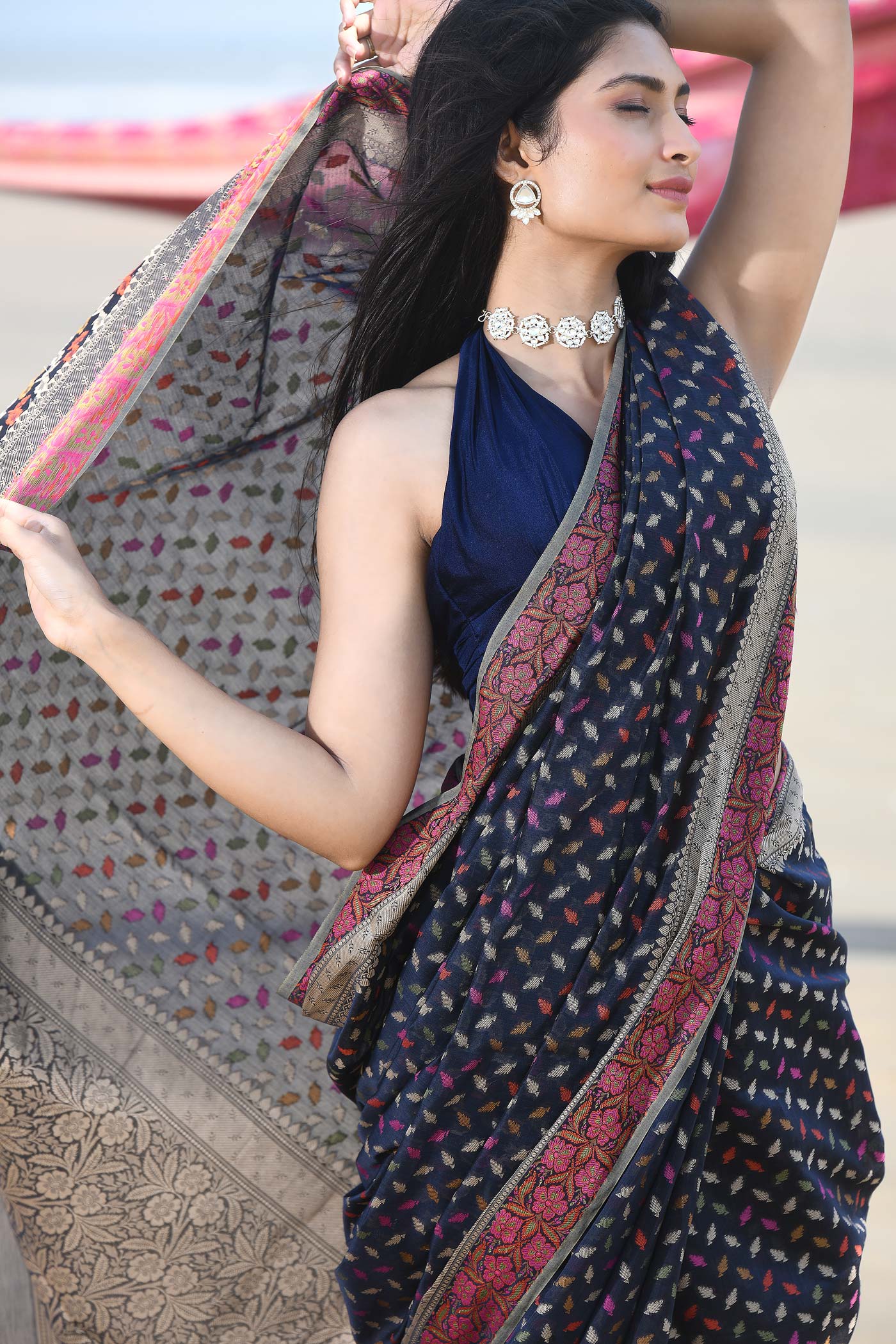 'Meher' Blue Pure Resham Cotton Alfi Booti Tillfi Border Banarasi Handloom Saree 'Meher' Blue Pure Resham Cotton Alfi Booti Tillfi Border Banarasi Handloom Saree