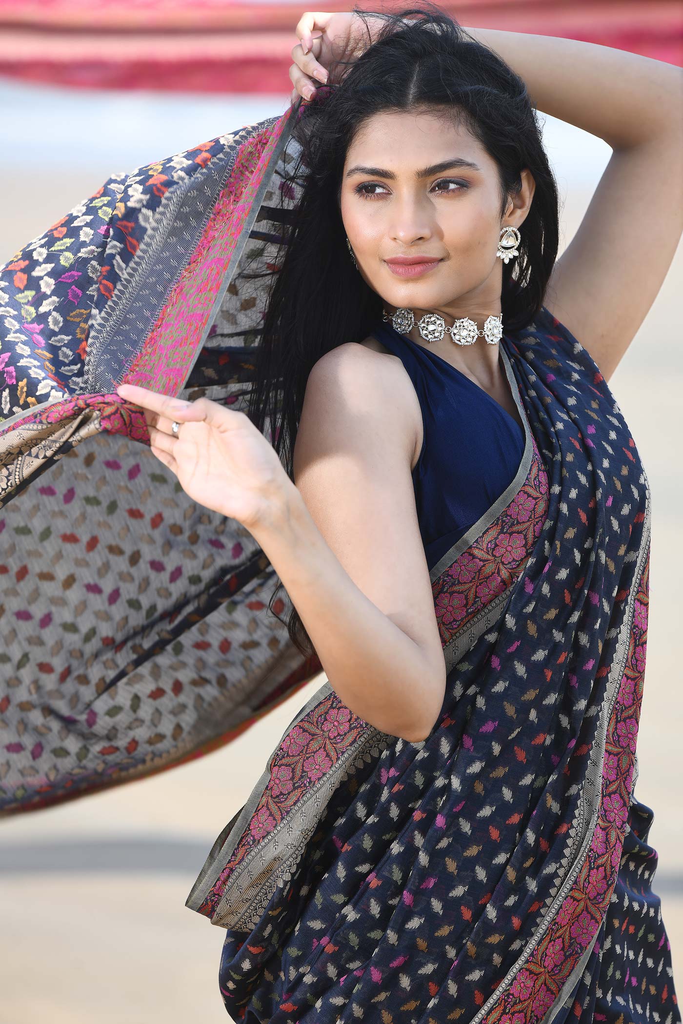 'Meher' Blue Pure Resham Cotton Alfi Booti Tillfi Border Banarasi Handloom Saree 'Meher' Blue Pure Resham Cotton Alfi Booti Tillfi Border Banarasi Handloom Saree