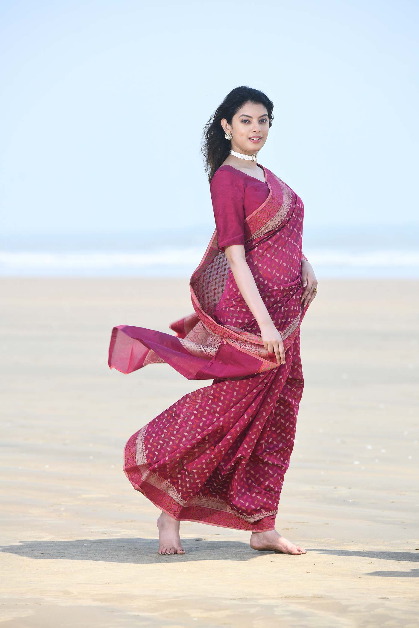'Meher' Deep Pink Pure Resham Cotton Alfi Booti Tillfi Border Banarasi Handloom Saree 'Meher' Deep Pink Pure Resham Cotton Alfi Booti Tillfi Border Banarasi Handloom Saree
