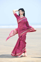 'Meher' Deep Pink Pure Resham Cotton Alfi Booti Tillfi Border Banarasi Handloom Saree