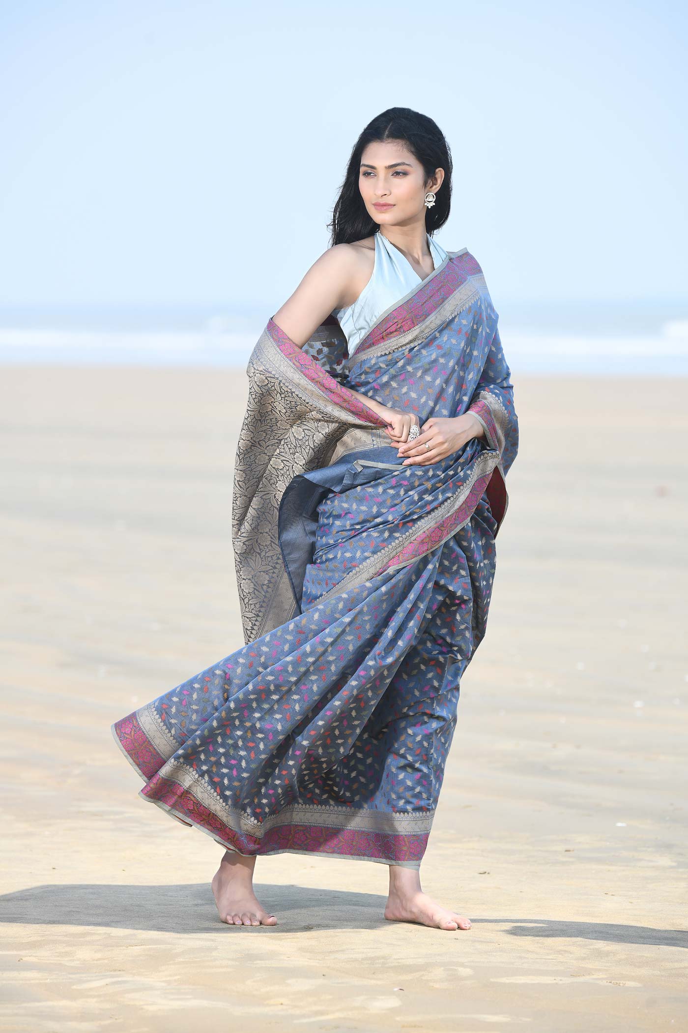 'Meher' Grey Pure Resham Cotton Alfi Booti Tillfi Border Banarasi Handloom Saree 'Meher' Grey Pure Resham Cotton Alfi Booti Tillfi Border Banarasi Handloom Saree