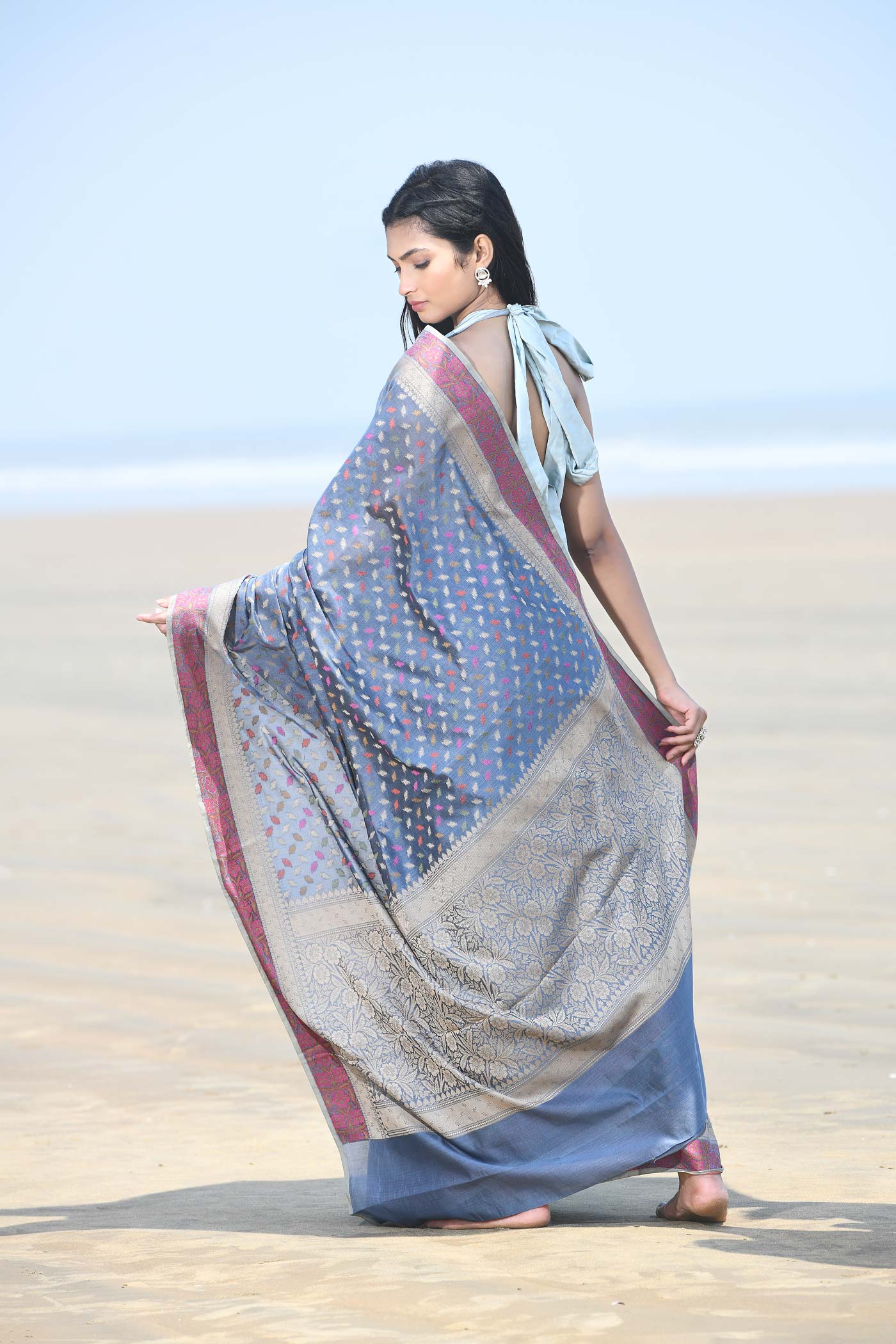 'Meher' Grey Pure Resham Cotton Alfi Booti Tillfi Border Banarasi Handloom Saree 'Meher' Grey Pure Resham Cotton Alfi Booti Tillfi Border Banarasi Handloom Saree