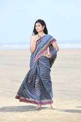 'Meher' Grey Pure Resham Cotton Alfi Booti Tillfi Border Banarasi Handloom Saree