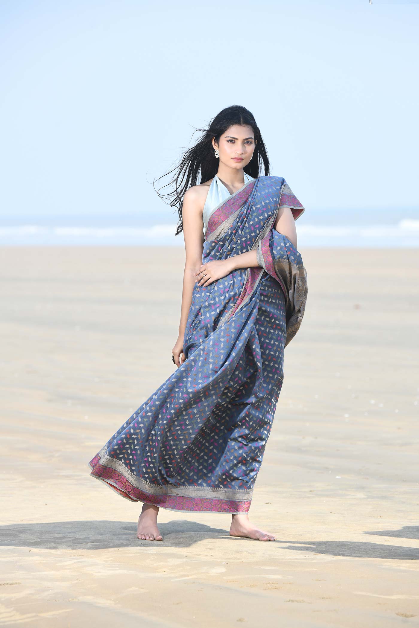 'Meher' Grey Pure Resham Cotton Alfi Booti Tillfi Border Banarasi Handloom Saree 'Meher' Grey Pure Resham Cotton Alfi Booti Tillfi Border Banarasi Handloom Saree