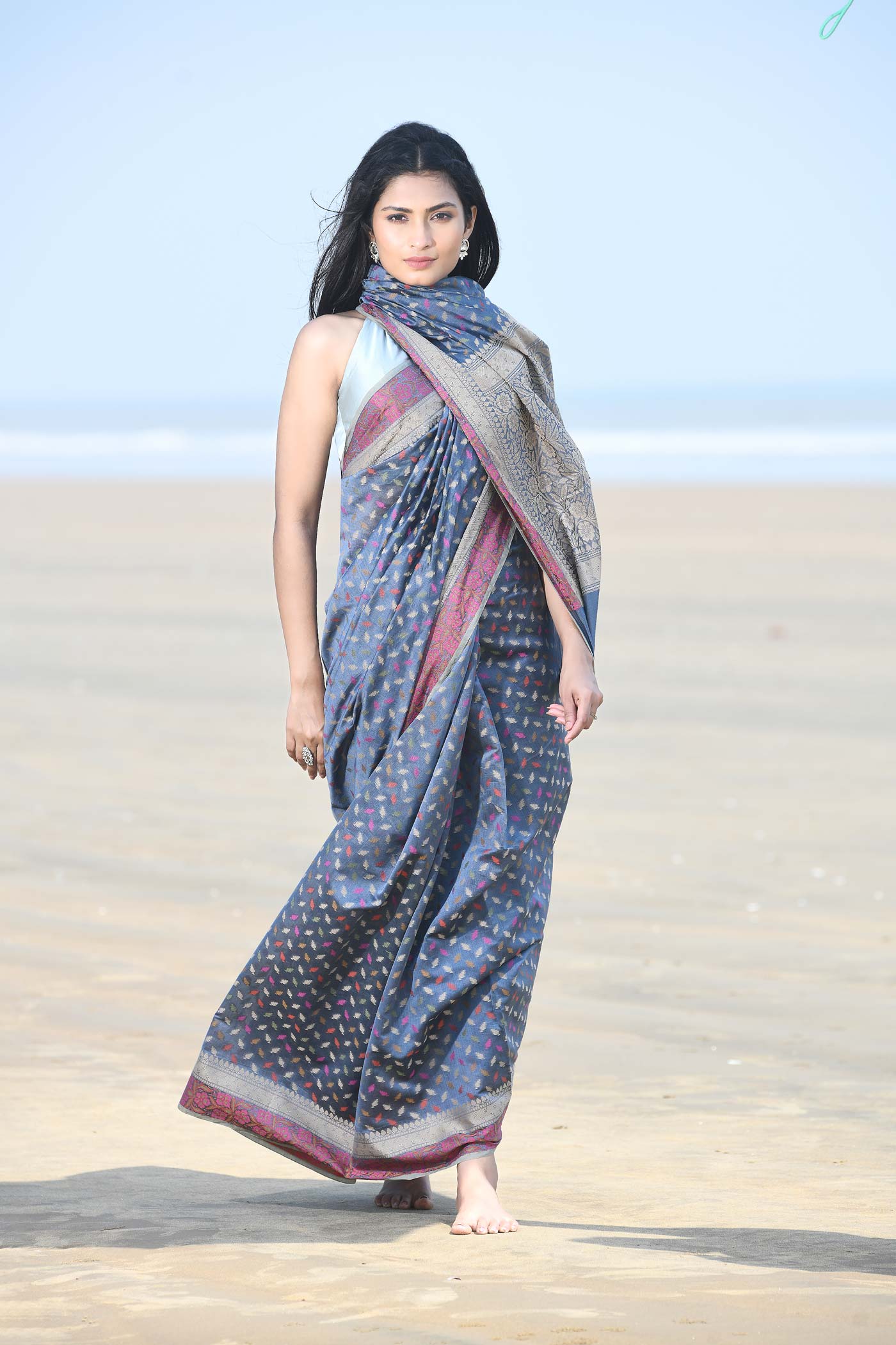 'Meher' Grey Pure Resham Cotton Alfi Booti Tillfi Border Banarasi Handloom Saree 'Meher' Grey Pure Resham Cotton Alfi Booti Tillfi Border Banarasi Handloom Saree