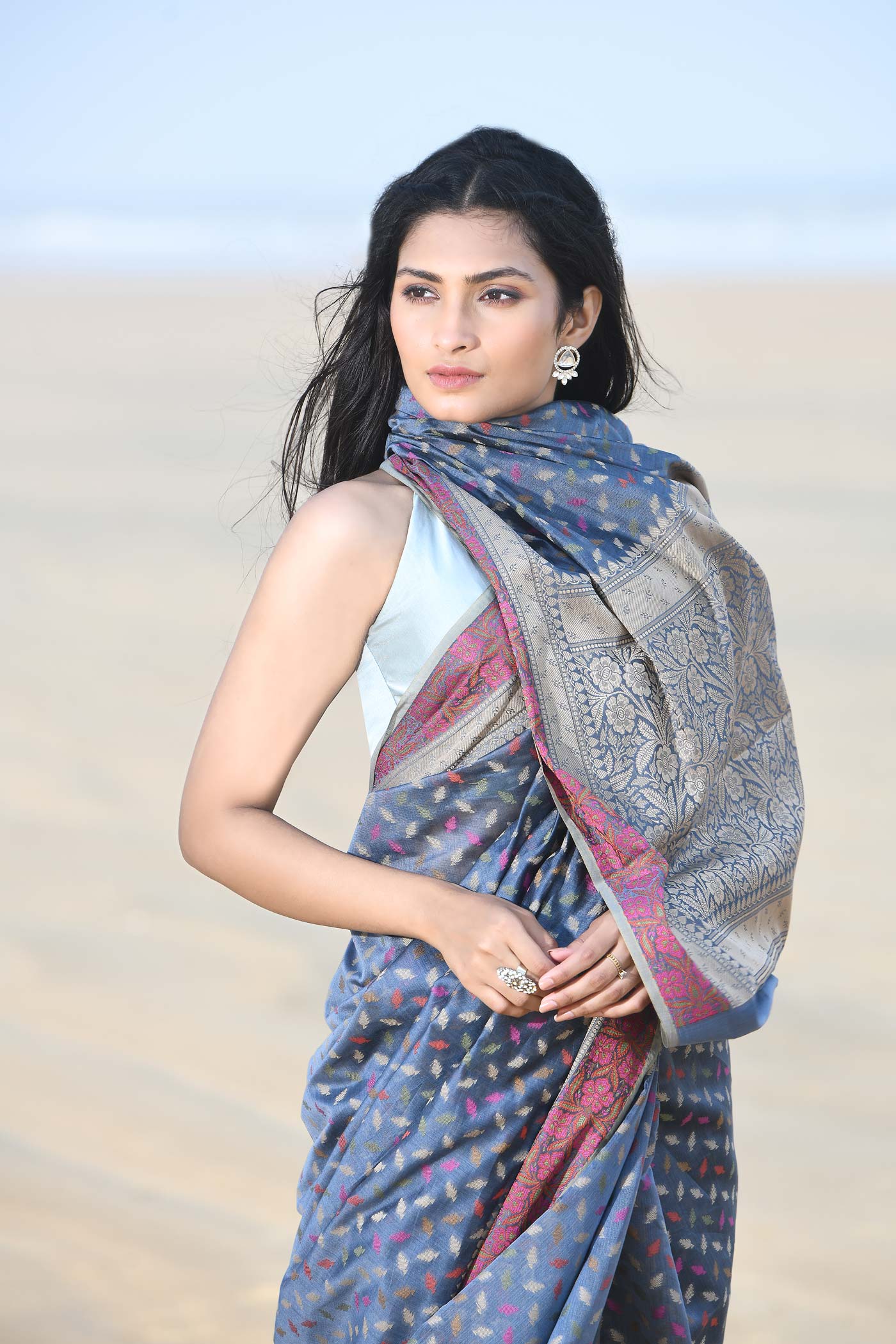 'Meher' Grey Pure Resham Cotton Alfi Booti Tillfi Border Banarasi Handloom Saree 'Meher' Grey Pure Resham Cotton Alfi Booti Tillfi Border Banarasi Handloom Saree
