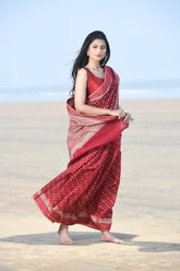 'Meher' Garnet Pure Resham Cotton Alfi Booti Tillfi Border Banarasi Handloom Saree