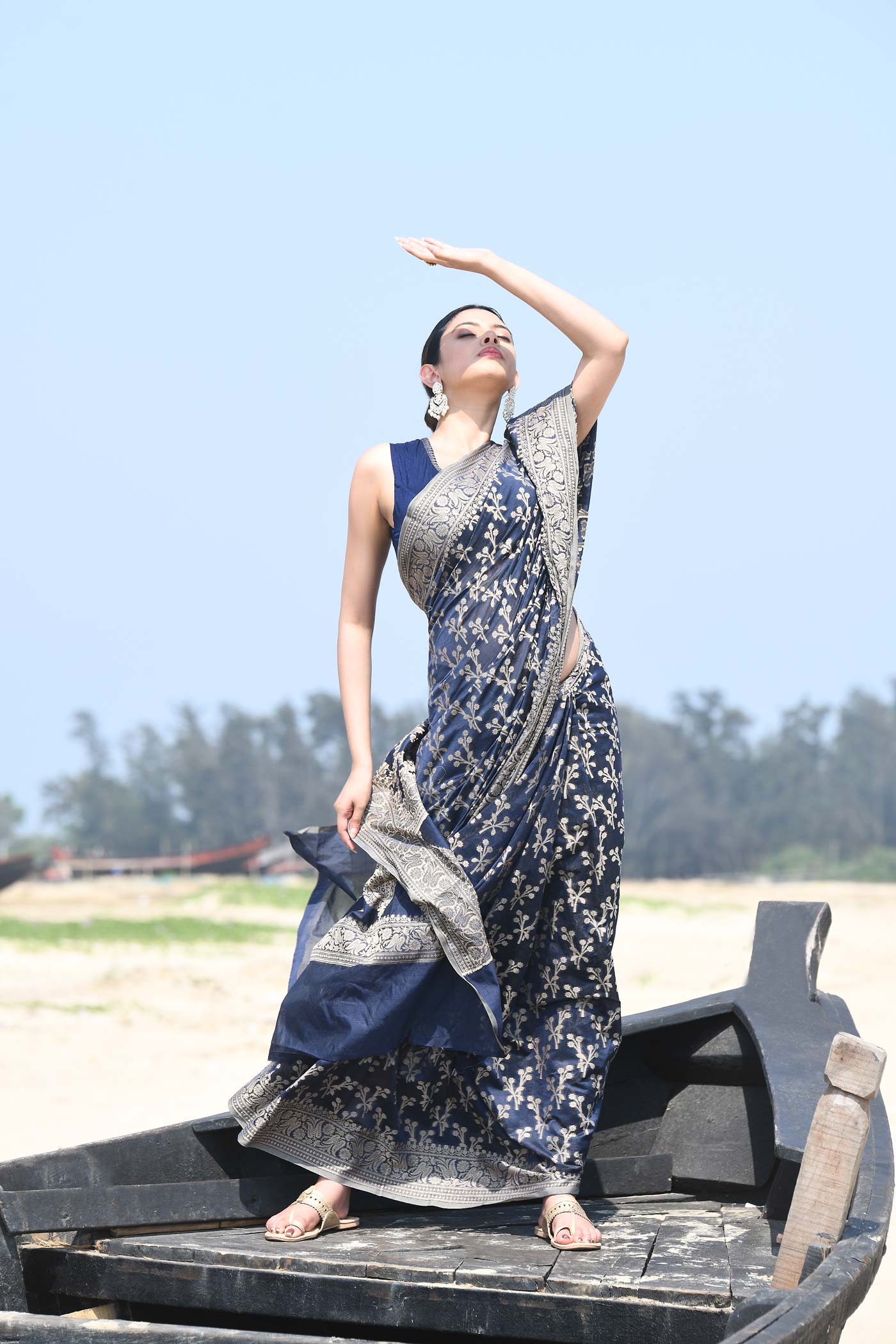 'Zaroka' Navy Blue Pure Resham Cotton Banarasi Handloom Saree 'Zaroka' Navy Blue Pure Resham Cotton Banarasi Handloom Saree