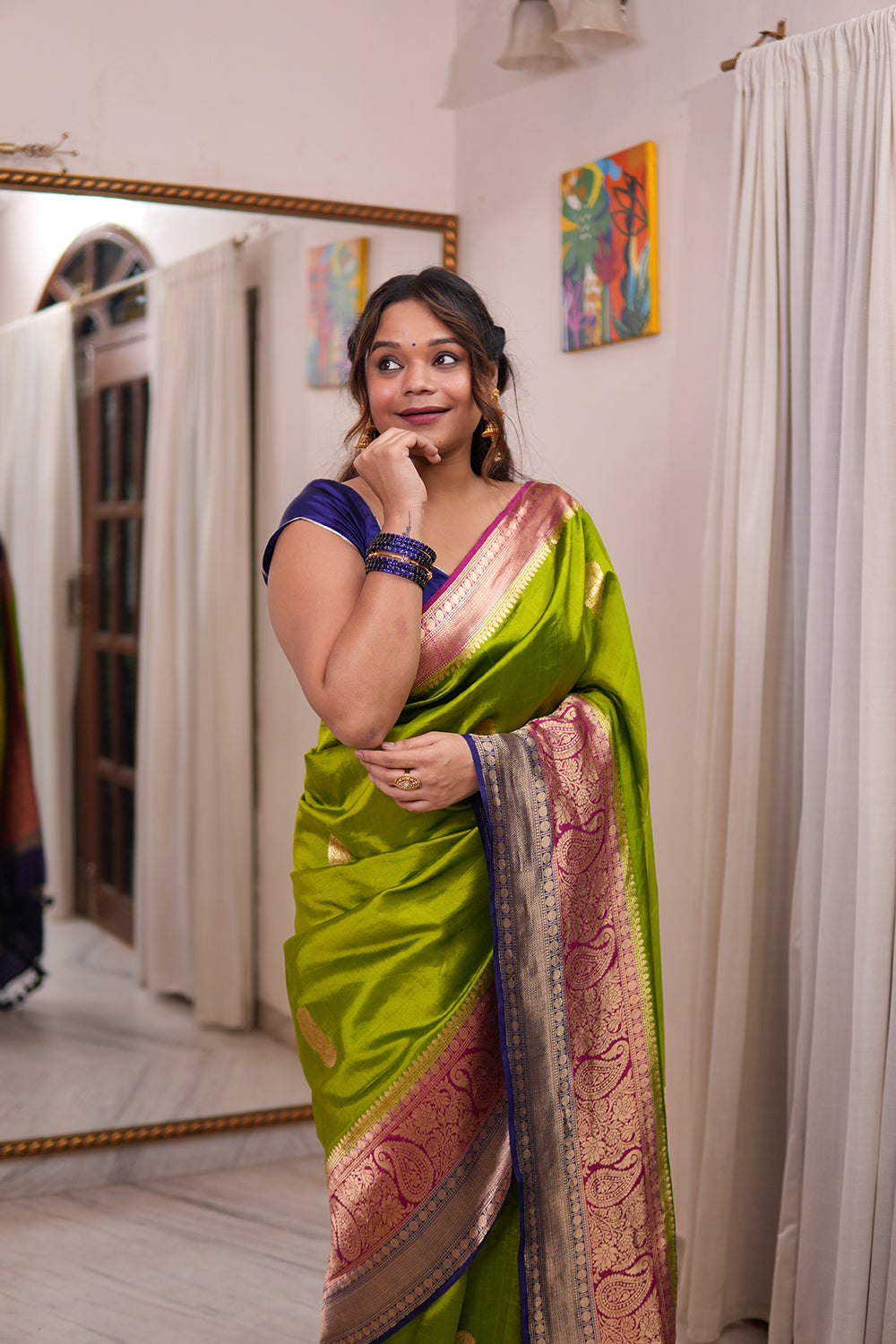 'Arya' Lime Green With a Contrast Pink And Blue On Edge Pure Katan Silk Kadhua Banarasi Handloom Saree (SUSHMITHA) 'Arya' Lime Green With a Contrast Pink And Blue On Edge Pure Katan Silk Kadhua Banarasi Handloom Saree (SUSHMITHA)