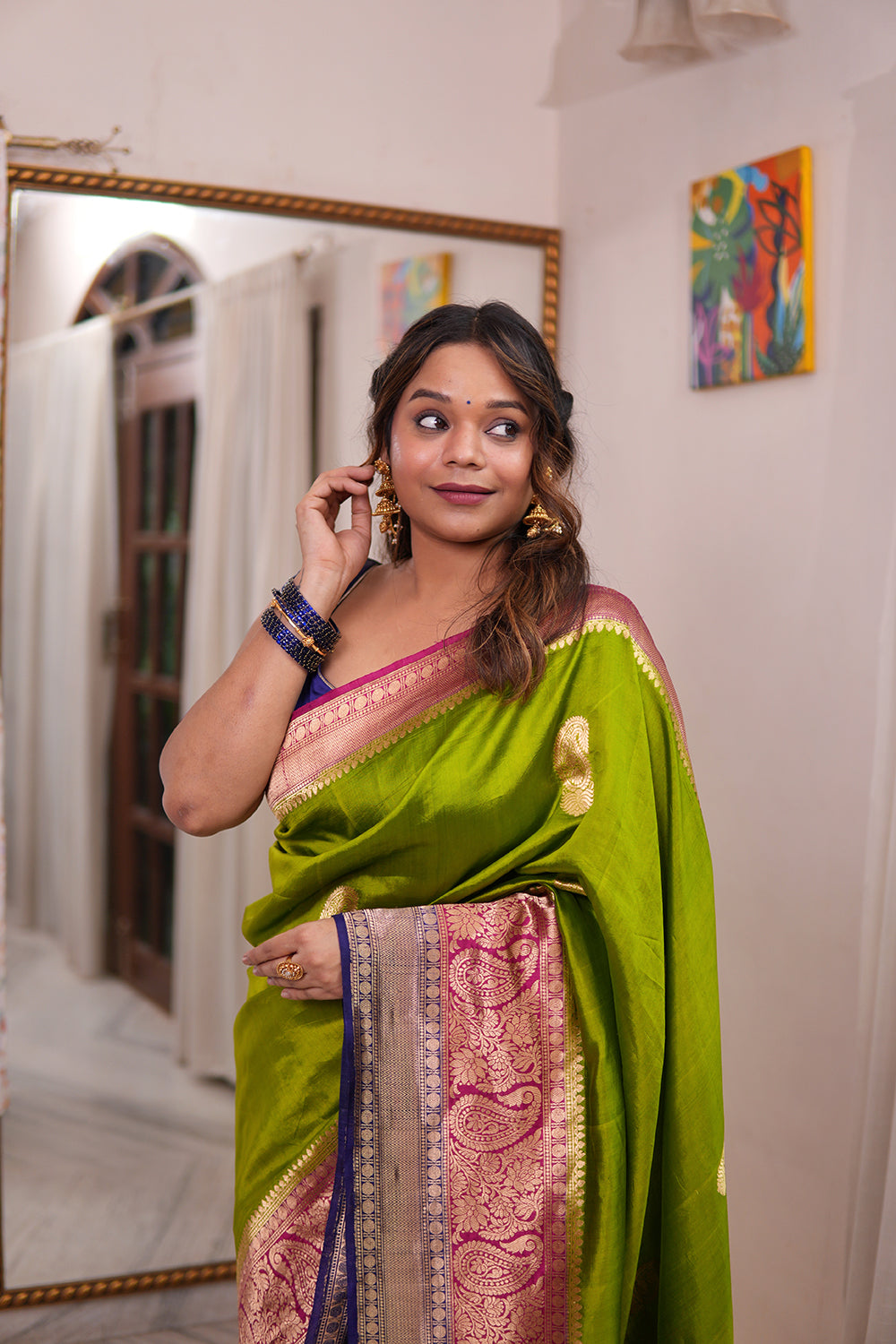 'Arya' Lime Green With a Contrast Pink And Blue On Edge Pure Katan Silk Kadhua Banarasi Handloom Saree (SUSHMITHA) 'Arya' Lime Green With a Contrast Pink And Blue On Edge Pure Katan Silk Kadhua Banarasi Handloom Saree (SUSHMITHA)