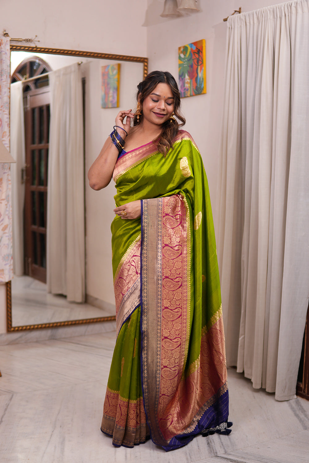 'Arya' Lime Green With a Contrast Pink And Blue On Edge Pure Katan Silk Kadhua Banarasi Handloom Saree (SUSHMITHA) 'Arya' Lime Green With a Contrast Pink And Blue On Edge Pure Katan Silk Kadhua Banarasi Handloom Saree (SUSHMITHA)