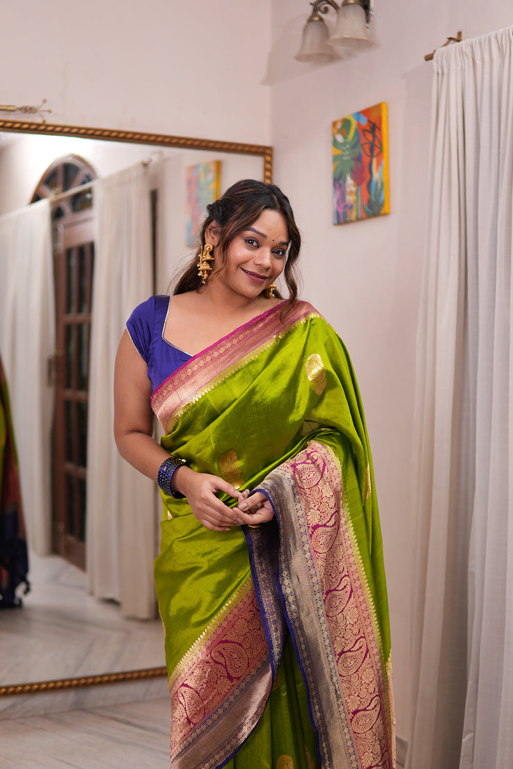 'Arya' Lime Green With a Contrast Pink And Blue On Edge Pure Katan Silk Kadhua Banarasi Handloom Saree (SUSHMITHA) 'Arya' Lime Green With a Contrast Pink And Blue On Edge Pure Katan Silk Kadhua Banarasi Handloom Saree (SUSHMITHA)