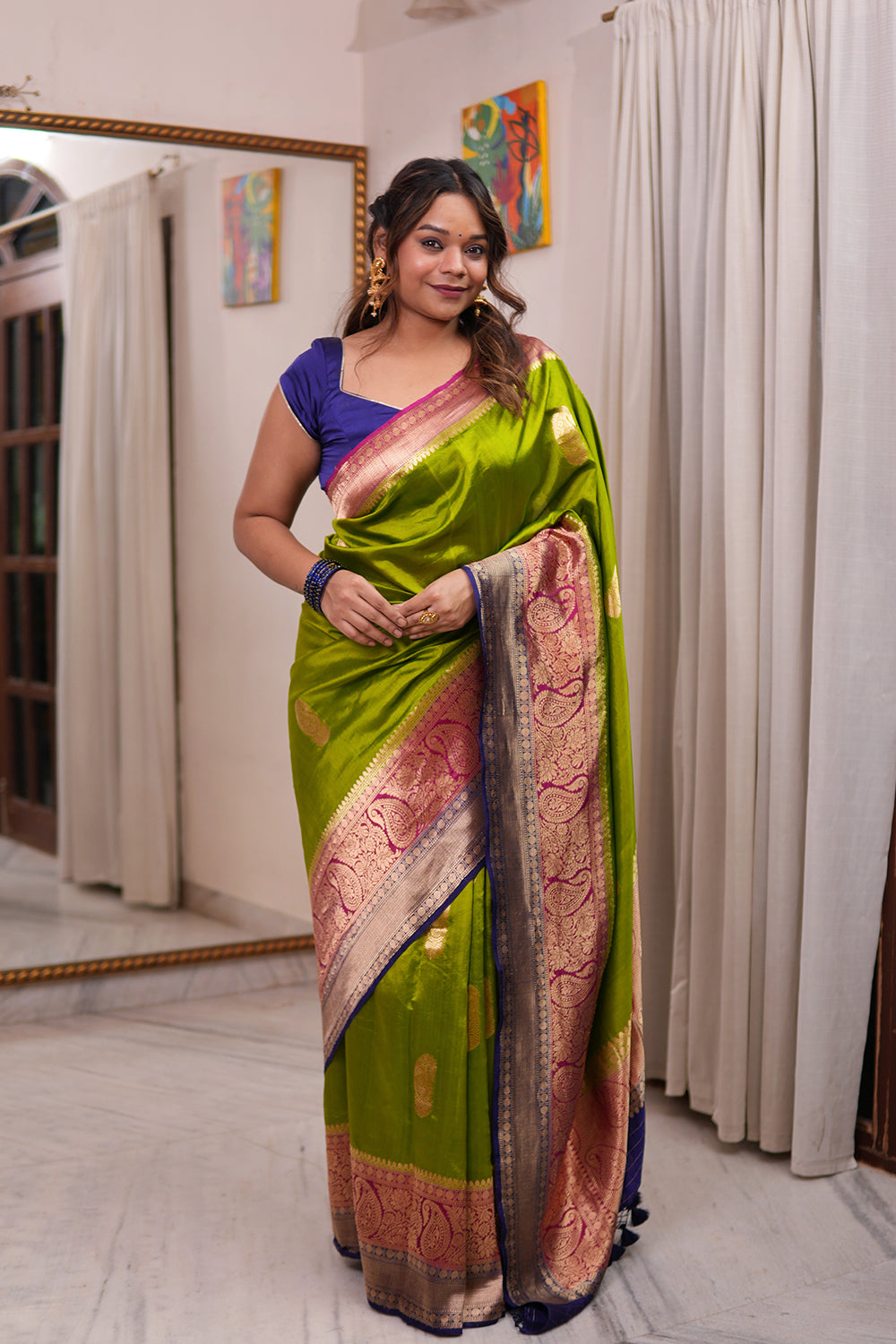 'Arya' Lime Green With a Contrast Pink And Blue On Edge Pure Katan Silk Kadhua Banarasi Handloom Saree (SUSHMITHA) 'Arya' Lime Green With a Contrast Pink And Blue On Edge Pure Katan Silk Kadhua Banarasi Handloom Saree (SUSHMITHA)