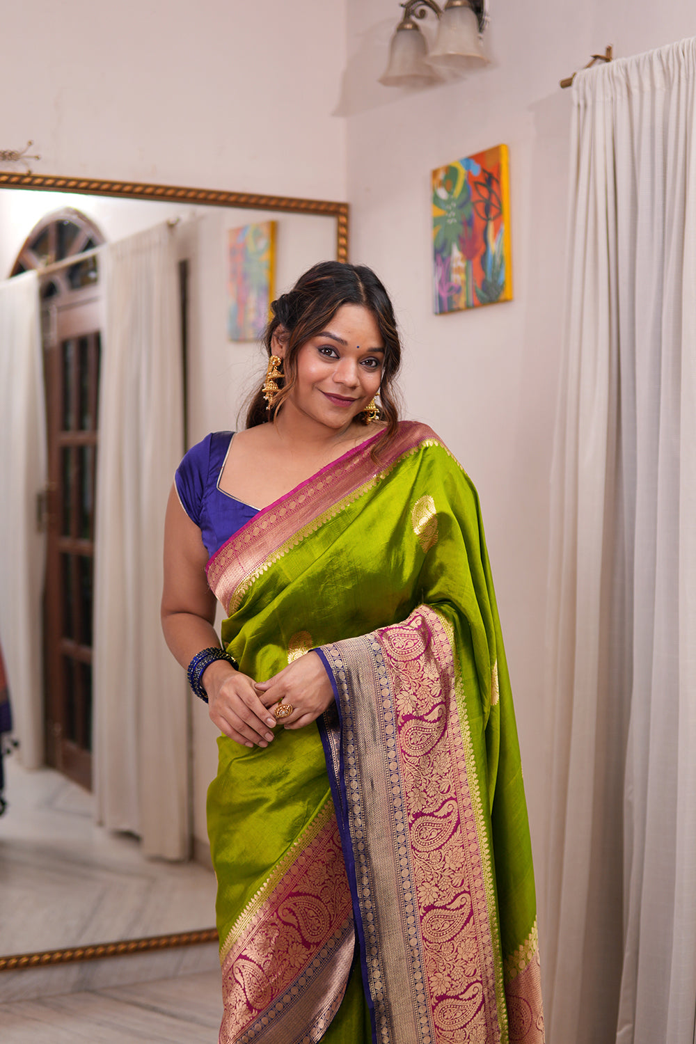 'Arya' Lime Green With a Contrast Pink And Blue On Edge Pure Katan Silk Kadhua Banarasi Handloom Saree (SUSHMITHA) 'Arya' Lime Green With a Contrast Pink And Blue On Edge Pure Katan Silk Kadhua Banarasi Handloom Saree (SUSHMITHA)