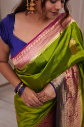 'Arya' Lime Green With a Contrast Pink And Blue On Edge Pure Katan Silk Kadhua Banarasi Handloom Saree (SUSHMITHA)