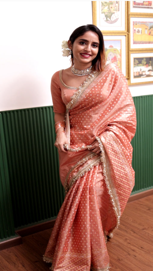 Coral Peach Banarasi Tissue Handloom Saree (Aarti) Coral Peach Banarasi Tissue Handloom Saree (Aarti)