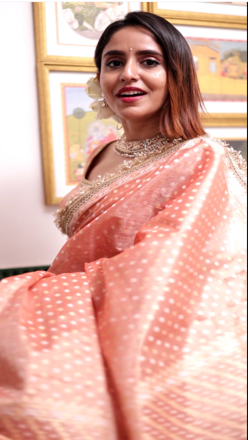 Coral Peach Banarasi Tissue Handloom Saree (Aarti) Coral Peach Banarasi Tissue Handloom Saree (Aarti)