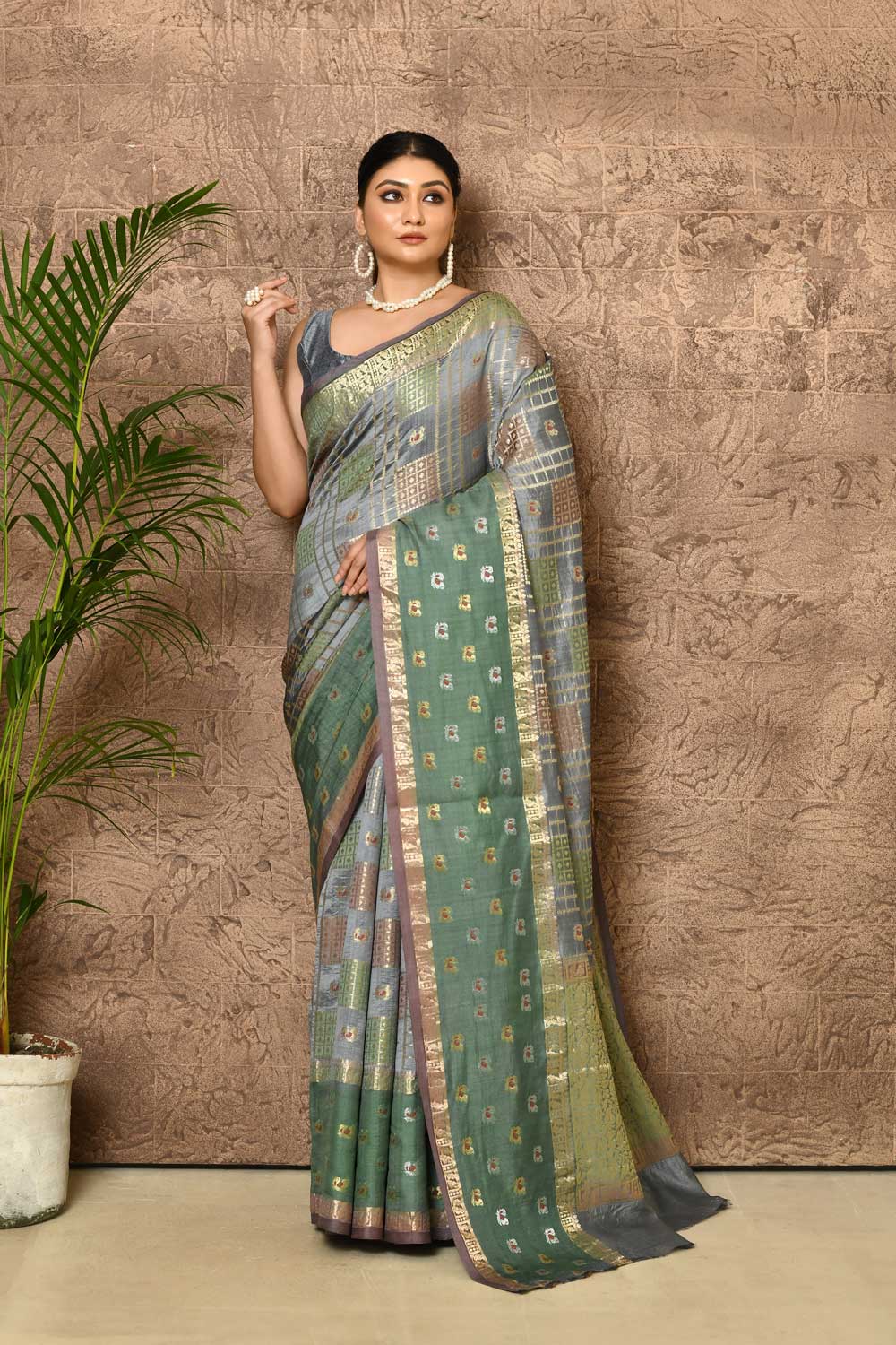 Pine Green-grey Pure Katan Chiniya Silk Banarasi Handloom Saree With Meekari Shikargah Bordrer