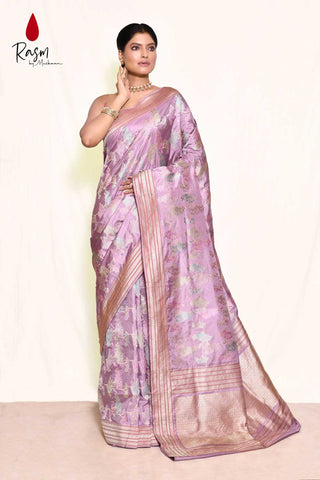 Lilac Pure Katan Silk Banarasi Handloom Saree Kadhua Jangla With Meenakari