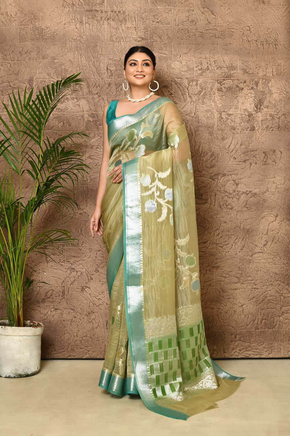 Olive Green Pure Kora Organza Silk Saree