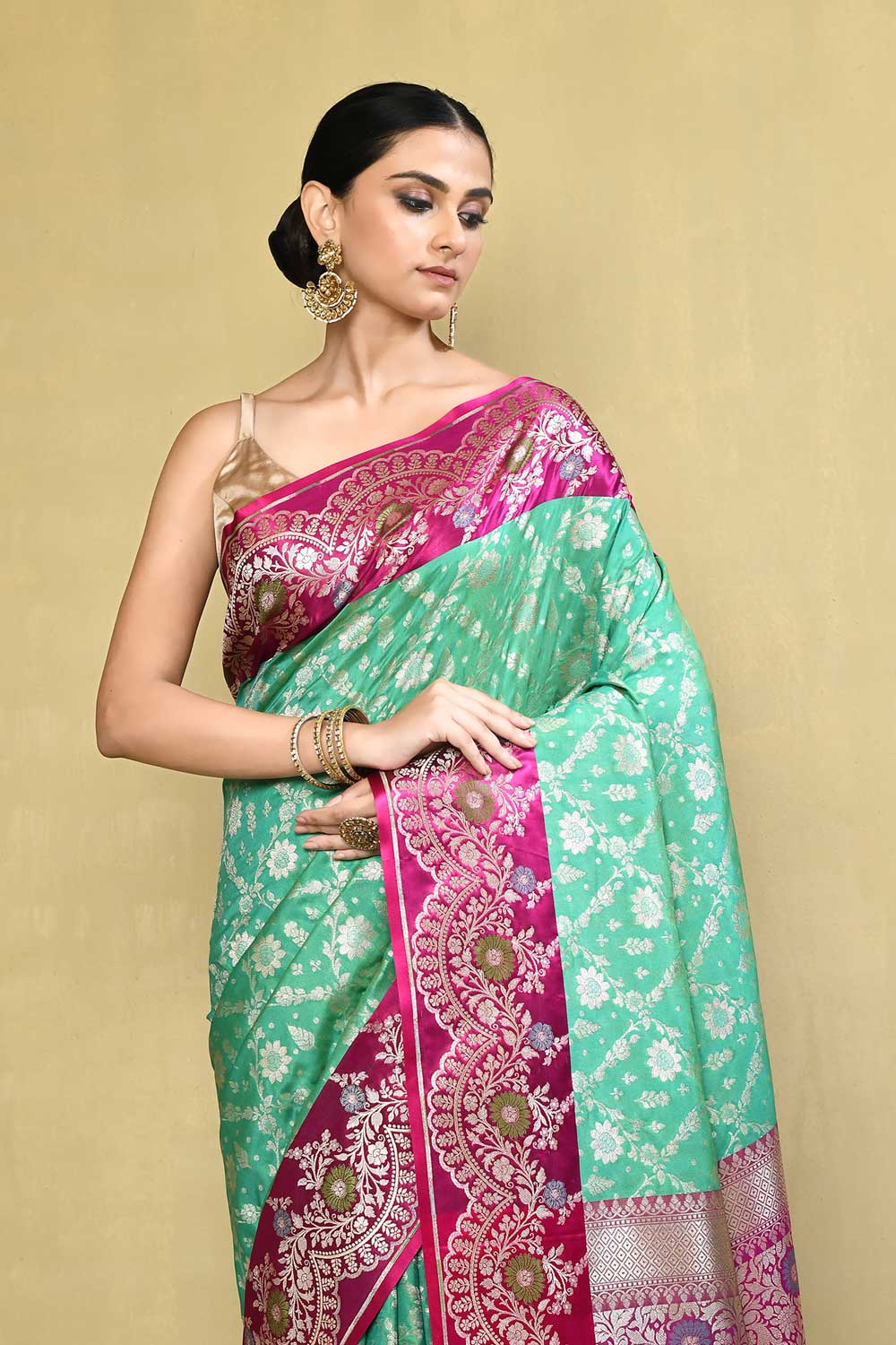 Mint Green - Magenta Banarasi Handloom saree with Contrast Meenakari Border